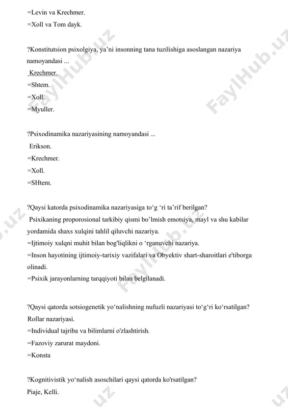 , maktabga kirganidan boshlab ibtidoiy davrni boshidan kechiradi, kichik maktab yoshida uning ongi o’rta asr kishilari darajasiga, nihoyat, yetuklik davri (16—18 yoshlari)dagina hozirgi zamon kishilarining madaniy darajasiga erishadi. ushbu fikr muallifini toping? v.shtern =i.m.sechenov va a.p.nechayev =i.a.sikorskiy =k.d.ushinskiy ?“rekapitulyatsiya qonuni”ni (filogenezni qisqacha takrorlashni) psixologik o’sishning bosh qonuni deb hisoblaydi. ushbu fikr qaysi olimga tegishli? s.xoll =i.a.sikorskiy =a.p.nechayev =a.f.lazurskiy ?bu nazariyada shaxsda ro’y beradigan o’zgarishlarni jamiyatning tuzilishi, ijtimoiylashish (sotsializatsiya) usullari, atrofdagi odamlar bilan o’zaro munosabat vositalari asosida tushuntiriladi? sotsiogenetik =biogenetik =ijtimoiy =irsiy ?psixik jarayonlarning rivojlanishini birinchi darajali ahamiyatga ega deb hisoblaydi? psixogenetik =biogenetik =sotsiogenetik =ijtimoiy ?psixikaning irratsional (aqliy bilish jarayonlaridan boshqa) tarkibiy qismlari: emotsiya, mayl yordamida shaxsning xulqini tahlil qiluvchi nazariya deyiladi? psixodinamika =psixokorreksiya =psixodiagnosteka =psixoprofelaktika ?go’daklikda. tashqi dunyoga ongsiz “ishonch” tuyg’usi vujudga keladi. buning bosh sababi ota-onaning mehr-muhabbati, g’amxo’rligi va jonkuyarligidir. agar go’dakda ishonchning negizi paydo bo’lmay, borliqqa ishonchsizlik hissi tug’ilsa, voyaga yetgan odamlarda mahdudlik, umidsizlik vujudga kelishi shubhasizdir. ushbu …