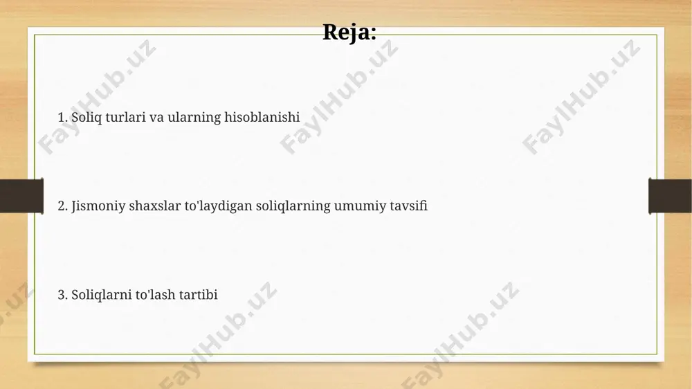 ati odatda yil davomida ikki yoki to'rtta bo'lib bo'linib, har bir to'lov muddati uchun aniq sanalar belgilanadi, kechiktirilgan to'lovlar uchun jarima qo'llaniladi. soliq deklaratsiyasi va to'lov muddatlari soliq deklaratsiyasi 1-apreldan kechiktirmay topshirilishi kerak bo'lib, unda 2022-yilgi daromadlar to'g'risida ma'lumotlar aks ettirilishi shart. agar muddat o'tkazib yuborilsa, jarima qo'llaniladi. jismoniy shaxslar daromad solig'i stavkasi 12% ni tashkil etadi, ammo ayrim daromad turlari uchun imtiyozlar mavjud bo'lishi mumkin. to'lov muddati deklaratsiya topshirilgan kundan boshlab 1 oy ichida. yakka tartibdagi tadbirkorlar va fermer xo'jaliklari soliq deklaratsiyasini har chorakda, ya'ni 1-aprel, 1-iyul, 1-oktyabr va 1-yanvarda topshirishlari shart. har bir chorak uchun to'lov muddati tegishli chorak tugaganidan keyin 1 oy ichida. yagona soliq to'lovi yagona soliq to'lovi (yst) yuridik shaxslar uchun 12%, jismoniy shaxslar uchun esa faoliyat turiga qarab 4% dan 12% gacha bo'lgan stavkalar bilan qo'llaniladi. yst, soliq to'lovchining daromadining 50% dan oshmaydigan qismini tashkil etadigan kam miqdordagi xarajatlarni hisobga olgan holda hisoblanadi. 2023 …