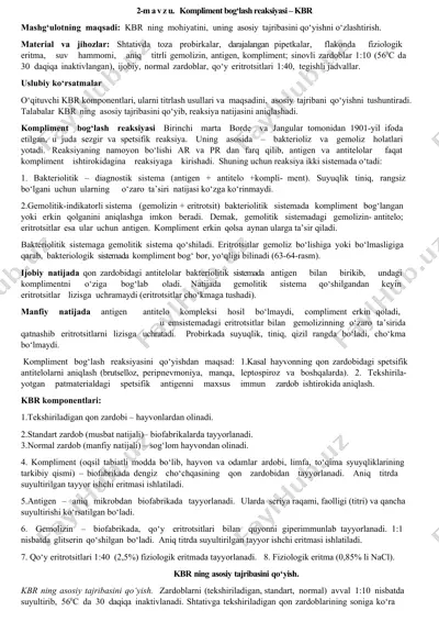 kompliment bog‘lash reaksiyasi – kbr — DOCX