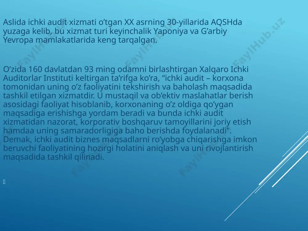 y qilib, ichki va tashqi audit jarayonlari, o'xshash. aniq ijobiy va salbiy tomonlar ham bor har biri ham tashqi, ham ichki nazorat, muvaffaqiyatli birlashtirish uchun zarur ishlashi tekshirish optimal nisbati va isrof resurslarni erishish uchun. e’tiboringiz uchun raxmat image1.png image2.png image3.png image4.png image5.png image6.png /docprops/thumbnail.jpeg