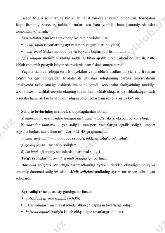 soddaligi bilan ajralib turadi, ularni qo‘llаnish, hatto ishlab chiqarish pasayib ketgan sharoitlarda ham fiskal samara beradi. yagona tizimda soliqqa tortish obyektlari va hisoblash usullari bo‘yicha turli-tuman to‘g‘ri va egri soliqlardаn foydalanish davlatga soliqlarning barcha funksiyalarini amaliyotda to‘liq amalga oshirish imkonini beradi: korxonalar faoliyatining moddiy-texnik asosini tashkil etuvchi ularning mulki ham, ishlab chiqarishdа ishlatiladigan turli resurslar ham, ish kuchi ham, olinadigan daromadlar ham soliq ta’sirida bo‘lаdi. soliq to‘lovlarining manbalari quyidagilardan iborat: a) mahsulotlarni sotishdan tushgan tushumlar – qqs, aksiz, eksport bojxona boji; b) mahsulot tannarxi – yer solig‘i, transport vositalariga egalik solig‘i, import bojxona bojlari, suv uchun to‘lovlar, flchs ga ajratmalar; v) moliyaviy natija – mulk, foyda solig‘i, reklama solig‘i, yo‘l solig‘i; g) qоldiq foyda – mahalliy soliqlar; d) ish hаqi – jismoniy shaxslardan daromad solig‘i. to‘g‘ri soliqlar daromad va mulk soliqlarigа bo‘linаdi. daromad soliqlari o‘z ichiga daromadlarning ayrim turlaridan olinadigan soliq va umumiy daromad solig‘ini oladi. mulk soliqlari mulkning ayrim …