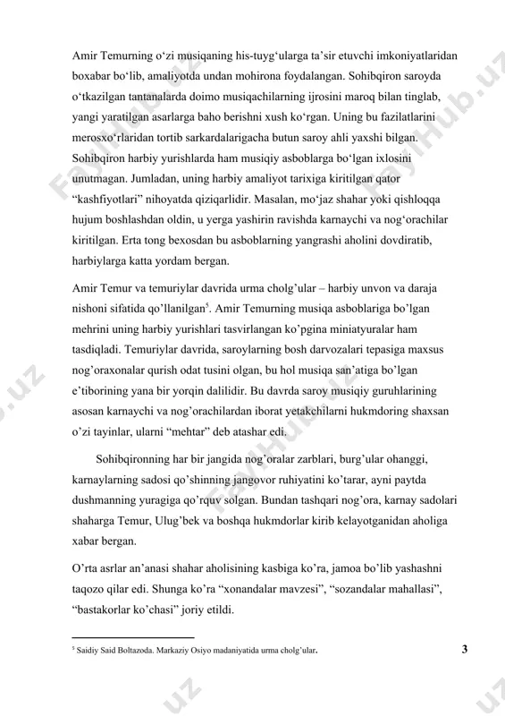 ] amir temur davriga xos bo’lgan ma’naviy ko’tarinkilik musiqa san’atining deyarli barcha jabhalari uchun keng imkoniyat yaratib berdi: sozandalik va xonandalik, bastakorlik ijodi, musiqa ilmi, musiqa ta’limi kamol topdi. asrlar mobaynida shakllangan an’anaviy ustoz-shogirt ta’lim tizimi keng quloch yozdi. amir temurning o’zi musiqaning his-tuyg’ulariga ta’sir etuvchi imkoniyatlaridan boxabar bo’lib, amaliyotda undan mohirona foydalangan. o’rta asrlar an’anasi shahar aholisining kasb-koriga ko’ra, jamoa (mahalla) bo’lib yashashni taqozo etar edi. xalq ichida tanilgan san’atkorlar, hokimlar farmoniga ko’ra yoki o’ziga qulaylik yaratish maqsadida kasbdoshlari bilan jamoa bo’lib yashashni afzal ko’rar edilar. rasmiy manbalarda sohibqiron temurning bolaligi va yoshligi to’g’risida ma’lumot yo’q, biroq ayrim muarrixlar u haqida ba’zi tafsilotlarni xabar qilishadi. alisher navoiy naqshlar (ashula-cholg’u asarlari) hamda peshravlar (cholg’u asarlari)muallifi bo’lganligi “boburnoma” da keltirilgan. tuzilish jihatdan murakkab bo’lgan bunday asarlarni yarata olish hodisasi nafaqat sharq, balki g’arb madaniyati tarixida ham kamdan-kam uchraydi. xvi-xvii asrlar bo’sag’asida yashab ijd qilgan olim darvesh ali changiy, shu davrdagi ommabop …