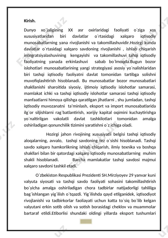 erishish; 4. tо‘lov balansining holatini yaxshilash; 5. valyuta kursini tartibga solish kabilarni kо‘zda tutadi. davlat tomonidan amalga oshiriladigan bunday tadbirlar savdo siyosati deb yuritiladi.savdo siyosati – byudjet-soliq siyosatining tashqi savdo hajmlarini soliqlar,subsidiyalar, valyuta nazorati va import yoki eksportni tо‘g‘ridan-tо‘g‘ri cheklashlar orqali tartibga solishni о‘z ichiga olgan nisbatan mustaqilyо‘nalishidir. tashqi savdoni cheklash borasida olib borilayotgan har qanday chora-tadbirlarqisqa muddatli samara beradi. uzoq davrda esa, faqat erkin savdogina iqtisodiyresurslarni samarali joylashtirish imkonini beradi. shuning uchun ham kо‘pginamutaxassis-iqtisodchilar mamlakat iqtisodiyoti va aholisi turmush darajani yaxshilashuchun erkin tashqi savdo siyosati foydaliroq, chunki, tashqi savdoni cheklashga nisbatanuni erkinlashtirish iqtisodiy resurslardan samarali foydalanishga kо‘proq imkoniyatyaratadi, deb hisoblashadi.garchand, erkin savdo jahon iqtisodiyoti nuqtai nazaridan foydali bо‘lishi mumkinbо‘lsada, ammo alohida olingan mamlakat iqtisodiyoti manfaati nuqtai-nazaridan erkinsavdo hamma vaqt ham foydali bо‘lavermaydi.tashqi savdoni cheklash usullarining 50 dan oshiqroq turi mavjud. ularningayrimlari davlat g‘aznasini tо‘ldirishga yо‘naltirilgan bо‘lsa, ba’zilari umuman importnicheklashga va yana boshqasi esa eksportni cheklashga yoki rag‘batlantirishgayо‘naltirilgan.amaliyotda tashqi savdoni …
