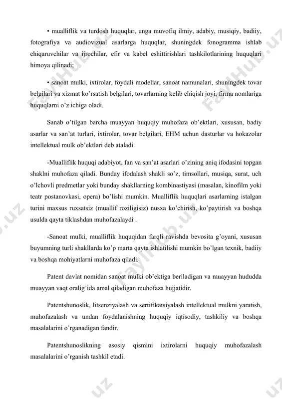 miy, adabiy, musiqiy, badiiy, fotografiya va audiovizual asarlarga huquqlar, shuningdek fonogramma ishlab chiqaruvchilar va ijrochilar, efir va kabel eshittirishlari tashkilotlarining huquqlari himoya qilinadi; • sanoat mulki, ixtirolar, foydali modellar, sanoat namunalari, shuningdek tovar belgilari va xizmat ko’rsatish belgilari, tovarlarning kelib chiqish joyi, firma nomlariga huquqlarni o’z ichiga oladi. sanab o’tilgan barcha muayyan huquqiy muhofaza ob’ektlari, xususan, badiy asarlar va san’at turlari, ixtirolar, tovar belgilari, ehm uchun dasturlar va hokazolar intellektual mulk ob’ektlari deb ataladi. -mualliflik huquqi adabiyot, fan va san’at asarlari o’zining aniq ifodasini topgan shaklni muhofaza qiladi. bunday ifodalash shakli so’z, timsollari, musiqa, surat, uch o’lchovli predmetlar yoki bunday shakllarning kombinastiyasi (masalan, kinofilm yoki teatr postanovkasi, opera) bo’lishi mumkin. mualliflik huquqlari asarlarning istalgan turini maxsus ruxsatsiz (muallif roziligisiz) nusxa ko’chirish, ko’paytirish va boshqa usulda qayta tiklashdan muhofazalaydi . -sanoat mulki, mualliflik huquqidan farqli ravishda bevosita g’oyani, xususan buyumning turli shakllarda ko’p marta qayta ishlatilishi mumkin bo’lgan texnik, badiiy va …