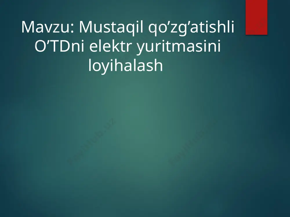 da: ωh = nh / 9,55=750/9.55=78.5[ rad/sek ] salt ishlash aylanish tezligi aniqlanadi: n0 = 9.55ω0=84.37*9.55=805 ay/min nominal moment hisoblanadi: =42000/78.5=535 n*m o’zgarmas tor dvigatelini tabiiy va sun’iy mexanik xarakteristikalarini hisoblash va grafigini qurish tartibi. mustaqil qo’zg’atishli o’tdni tabiiy va sun’iy mexanik xarakteristikalari qo’zg’atish tokining nominal qiymatini hisoblang. ibh = uh / rsh =220/0.414=531 [ a ] yakorning nominal tokini aniqlang: iyan= ivn - ih=531-222=309.4 [ a ] 4. nominal qarshilik qiymatini aniqlang: rh =uh / iyan=220/309.4=0.711 [ om ] yoki nisbiy birliklarda dvigatel qarshiligi ṙd = rd/ rh=0.06/0.711=0.084 dvigatelni 4 pog’onali qarshilik orqali ishga tushadi deb qabul qilamiz: z = 4 λ = z + 1√1 / ṙdv·i̇2=4+1√1 / (0.084*195)=1.8 bu yerda i̇2 = 0,88in=222*0.88=195 a o’tish toki, u 20% gacha i̇ct tokdan katta olinadi. mustaqil(parallel) qo’zg’atishli o’zgarmas tok dvigatelini ishga tushirish xarakteristikalari. o’zgarmas tok dvigatelni teskari ulab tormozlash. tormozlash xarakteristikalarni hisoblash uchun mexanik xarakteristika tenglamasidan foydalanish mumkin. tormozlashdagi …