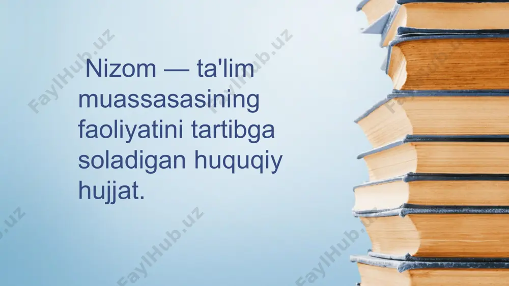 asosiy maqsadi — talabalarga yuqori sifatli bilim va ko'nikmalarni taqdim etishdir. bu, o'quvchilarga nafaqat fanlarni chuqur o'rganish, balki amaliy ko'nikmalarni rivojlantirish, tanqidiy fikrlash, muammolarni hal qilish va innovatsion yondashuvlarni o'zlashtirish imkoniyatlarini yaratishdir. sifatli ta'lim talabalarning kelajakda muvaffaqiyatli bo'lishini ta'minlashda muhim rol o'ynaydi. shaxsiy rivojlanishni qo'llab-quvvatlash: ta'lim muassasalari o'quvchilarning nafaqat akademik, balki shaxsiy rivojlanishiga ham e'tibor qaratadi. o'quvchilarni o'z salohiyatini to'liq ochishga, o'zini anglashga, jamiyatda faol va mas'uliyatli fuqaro bo'lishga o'rgatish muassasaning muhim vazifalaridan biridir. shaxsiy rivojlanish o'quvchilarga o'z maqsadlariga erishishda, ijtimoiy muhitda muvaffaqiyatli yashashda yordam beradi. jamiyatning ehtiyojlariga mos kadrlarni tayyorlash: ta'lim muassasalarining yana bir asosiy maqsadi — jamiyat va iqtisodiyotning ehtiyojlariga mos ravishda malakali kadrlarni tayyorlashdir. o'qitish jarayonida, o'quvchilarni jamiyatning turli sohalaridagi talablar asosida, zamonaviy bilim va ko'nikmalar bilan ta'minlash maqsad qilinadi. bu, o'z navbatida, davlatning iqtisodiy rivojlanishini va jamiyatning farovonligini ta'minlashga yordam beradi. nizomning asosiy bo'limlari tashkiliy bo'lim: ta'lim muassasasining tuzilmasi va boshqaruv. pedagogik bo'lim: ta'lim va o'qitish …
