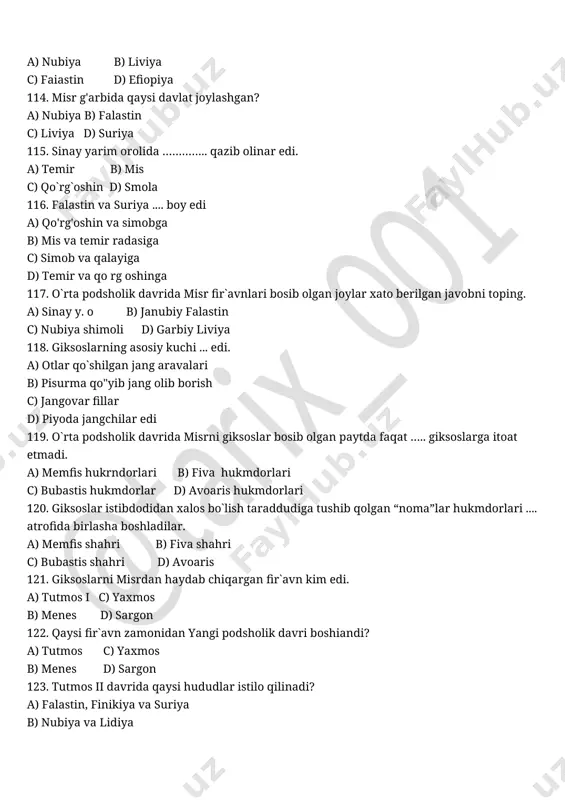 fiva shahri c) bubastis shahri d) avoaris 121. giksoslarni misrdan haydab chiqargan fir`avn kim edi. a) tutmos i c) yaxmos b) menes d) sargon 122. qaysi fir`avn zamonidan yangi podsholik davri boshiandi? a) tutmos c) yaxmos b) menes d) sargon 123. tutmos ii davrida qaysi hududlar istilo qilinadi? a) falastin, finikiya va suriya b) nubiya va lidiya c) armaniston va midiya d) sinay va liviya 124. falastinni bosib olishga muyassar bo`lgan yangi podsholik davri misr fir`avnini aniqlang. a) tutmos i c) tutmos iii b) tutmos ii d) tutmos 125. qaysi hukmdor davrida misr yuksak kuch-qudrat cho`qqisiga erishdi? a) tuimos i c)yaxmos b) menes d) sargon 126. m.av vii asrda …... a) kambiz misrni bosib oldi b) misr yagona davlatga birlashdi c) tutmos iii falastinni bosib oldi d) yaxmos misrdan giksoslarni quvib chiqardi 127. m.av vi asrda …..... a) misr yagona davlat bo`lib birlashdi b) misrga yangi dushman bostirib kirdi c) …
