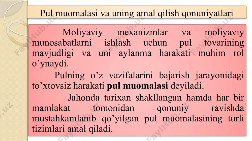 l taklifining o’zaro nisbatini ifodalovchi mexanizm. pul taklifi ko’p jihatdan inflyatsiya jarayonlariga ham ta‘sir ko’rsatadi. inflyatsiya deb pul muomalasi qonunlari buzilishi bilan bog’liq holda qog’oz pullarning qadrsizlanishiga aytiladi. inflyatsiya – bu qog’oz pul birligining qadrsizlanishi va shunga mos ravishda tovar narxlarining o’sishidir. qog’oz pul tovarlarga, oltinga va xorijiy valyutalarga nisbatan qadrsizlanadi. 2. kreditning mohiyati, manbalari va vazifalari kredit bo’sh turgan pul mablag’larini ssuda fondi shaklida to’plash va ularni pulga muhtoj bo’lib turgan huquqiy va jismoniy shaxslarga ishlab chiqarish va boshqa ehtiyojlariuchun ma‘lum muddatga, foiz to’lovlari bilan qaytarish shartida qarzga berish munosabatlarini ifodalaydi. pul shaklidagi kapital ssuda kapitali deyilsa, uning harakati kreditning mazmunini tashkil qiladi. kredit munosabatlari ikki sub‘ekt o’rtasida, ya‘ni pul egasi (qarz beruvchi) va qarz oluvchi o’rtasida yuzaga keladi. turli xildagi korxonalar (firmalar), tashkilotlar, davlat hamda aholining keng qatlami kredit munosabatlarining sub‘ektlari hisoblanadi. kredit munosabatlarining ob‘ekti jamiyatda vaqtincha bo’sh turgan pul mablag’laridir. kredit munosabatlarining mavjud bo’lishini takror ishlab chiqarish …