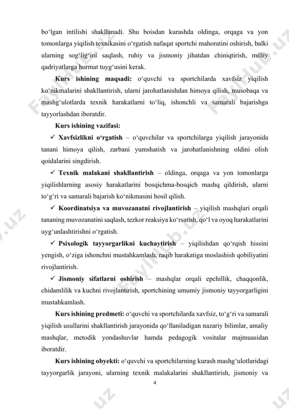 kor reaksiya ko‘rsatish, qo‘l va oyoq harakatlarini uyg‘unlashtirishni o‘rgatish. · psixologik tayyorgarlikni kuchaytirish – yiqilishdan qo‘rqish hissini yengish, o‘ziga ishonchni mustahkamlash, raqib harakatiga moslashish qobiliyatini rivojlantirish. · jismoniy sifatlarni oshirish – mashqlar orqali epchillik, chaqqonlik, chidamlilik va kuchni rivojlantirish, sportchining umumiy jismoniy tayyorgarligini mustahkamlash. kurs ishining predmeti: o‘quvchi va sportchilarda xavfsiz, to‘g‘ri va samarali yiqilish usullarini shakllantirish jarayonida qo‘llaniladigan nazariy bilimlar, amaliy mashqlar, metodik yondashuvlar hamda pedagogik vositalar majmuasidan iboratdir. kurs ishining obyekti: o‘quvchi va sportchilarning kurash mashg‘ulotlaridagi tayyorgarlik jarayoni, ularning texnik malakalarini shakllantirish, jismoniy va psixologik tayyorgarlik darajasi, hamda mashg‘ulotlarda qo‘llaniladigan metodik yondashuv va pedagogik jarayondir. kurs ishining tarkibiy tuzilmasi: ushbu kurs ishi kirish qism, asosiy qism, 2 ta bob 6 ta reja xulosa va foydalanilgan adabiyotlardan iborat. i.bob. kurashda yiqilish texnikasining nazariy asoslari 1.1.kurashda yiqilish texnikasining maqsadi va ahamiyati. kurash sporti insonning jismoniy tayyorgarligi, chaqqonligi, chidamliligi va eng asosiysi texnik-taktik mahoratini rivojlantiruvchi qadimiy va hamisha dolzarb bo‘lib kelgan …