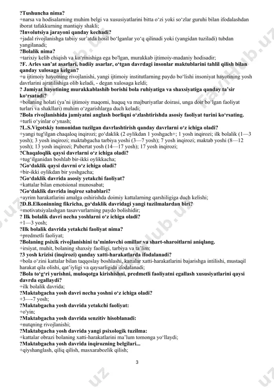 idga xulq-atvor namunalari rollar, me’yorlar motivlar, kutuvlar, hayotiy qadriyatlar, emotsiyalarni o‘tkazish orqali individning ijtimoiy xulq-atvorini hayotiy shakllantirishni nazarda tutadi; ?ilk bolalik davridagi har bir bola xulq-atvorini ona va bola xulq-atvori birligini ifodalovchi o‘ziga xos diadik birlik ichida keluvchi davr sifatida ko‘rib chiqishni muhim deb hisoblagan olim kim? +r.sirs; ?ijtimoiy o‘rganish ta’limotining yetakchisi kim? +a. bandura; ?jan piaje bolalarning miyasi rivojlanishiga qanday omil ta’sir ko‘rsatadi deb hisoblagan? +bolalarning miyasi rivojlanishiga fizik olam ta’sir ko‘rsatadi deb hisoblagan; ?j.piaje taxminiga ko‘ra, bolalar fikrlarini nechta guruhga bo‘lish mumkin? +2; ?egotsentrizm qanday tushuncha? +(lot. ego — men) — o‘z-o‘ziga mahliyo bo‘lish, o‘zining fazilatlari haqida yuqori fikrga ega bo‘lish; ?sensomotor intellekt qaysi davrlarni o‘z ichiga oladi? +tug‘ilgandan 1,5 yoshga qadar; ?egotsentrik nutq nutqning qanday shakli? +nutq faoliyati bo‘lib, bog‘cha bolasining o‘yini bilan birga olib boriladigan va bolalarning o‘z-o‘ziga qaratilgan nutqi; ?l.s.vigotskiyning bolani madaniy rivojlanish muammolariga bag‘ishlangan asarlarini ko‘rsating. +≪psixologiyadagi instrumental metod≫, ≪bola rivojlanishida vosita va belgilar≫, …