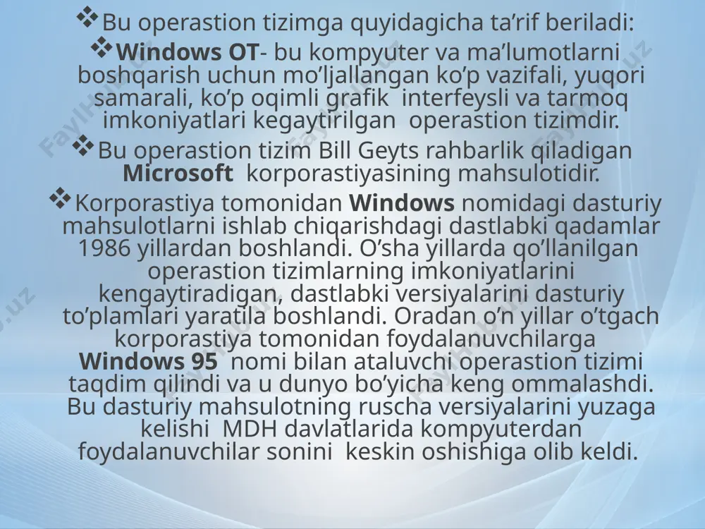 hlash uchun - tovush platasi  windows menyulari."sichqoncha"ning windows ob’ektlarida ishlatilishi asosiy menyu. u pusk tugmasi orqali chiqariladi. "sichqoncha" ko’ratkichini windows oynasining qo’yi qismidagi satrda joylashgan pusk tugmasiga keltirib chap klavishi bosilsa, shu menyuga tegishli ob’ektlar ro’yxati chikariladi. menyu - bu biror operastiyani bajarish imkonini beruvchi buyruqlar majmuidir. kontekst menyu. bu menyu «cichqoncha» ko’rsatkichini aniq bir ob’ektga keltirilib, o’ng klavishini bosish orqali chiqariladi. kontekst menyuni klaviaturaning [shift]+[f10] kombinastiyali klavishlarini bosish orqali ham chiqarish mumkin. kontekst menyuning mazmuni tanlangan ob’ektga bog’liq bo’ladi. demak, kontekst menyu - bu oynaning ixtiyoriy joyida "sichqoncha"ning o’ng klavishi bosilganda suzib chiquvchi menyudir. tanlangan ob’ektga mos ravishda menyuning mazmuni farqlanadi. klaviatura tugmalarining kombinastiyasi (uyg’unligi) deyilganda, bir nechta klavishlarning ketma-ket yoki birgalikda bosilishi tushuniladi. odatda klaviaturadan birgalikda bosiladigan klavishlar kombinastiyasi aniq amalni yoki fukstiyani bajarish uchun mo’ljallangan bo’ladi. masalan, klavishlarning ushbu [shift]+[alt] kombinastiyasi bosilsa klaviaturadagi harflar rus alifbosidan - lotin alifbosiga, takroran bosilsa, lotin yozuvidan - rus alifbosiga …