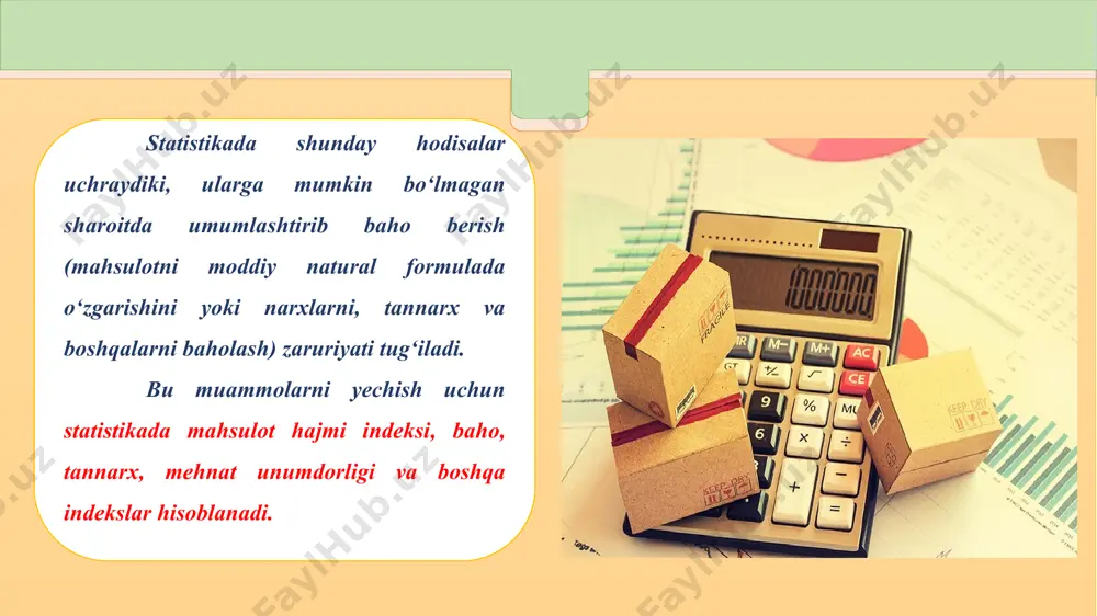 si; σq1p1 - hisobot davridagi mahsulot qiymati; σq1p0 - o‘tgan davr narxlaridagi mahsulot qiymati indeksi; σq0p0 - o‘tgan davrdagi mahsulot qiymati; σs1q1 - joriy (hisobot) davridagi mahsulotni ishlab chiqarish uchun qilingan harajati; σs0q1 - bazis davrining tannarxidagi joriy davr mahsulotini ishlab chiqarish uchun qilingan harajati; σs0q0 - bazis davridagi harajat; σt0q1 - bazis davridagi sarf bilan hisoblanilgan joriy davr mahsulotini ishlab chiqarish uchun ketgan vaqti; σt1q1 - joriy davr mahsulotini ishlab chiqarish uchun ketgan vaqti. 15 shahar bozorlaridan birida sotilgan mahsulotlarning ayrimlari to‘g‘risida quyidagi ma’lumotlar ma’lum (raqamlar shartli) (12.1-jadval): har qaysi mahsulot turlari bo‘yicha narx va miqdor o‘zgarishlarini aniqlash uchun yakka indekslar hisoblaniladi. yakka indekslar quyidagi formulalar yordamida hisoblaniladi: demak, hisobot davriga kelib, o‘tgan davrga nisbatan go‘shtning narxi 28,6% ga oshgan ekan. jami mahsulotlar bo‘yicha ularning narxi hisobot davrga kelib, o‘tgan davrga nisbatan o‘rtacha 28,1 % ga oshgan ekan. fizik xajm (miqdor) umumiy indeksini hisoblaymiz: sotilgan mahsulot miqdori (fizik hajmi) …