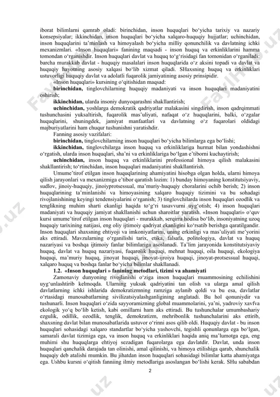 ning ishlab chiqilishi va qabul qilinishi hali muammoning echilishini bildirmaydi, balki strategik ustuvorlikni aniqlab olish va qo‘yilgan vazifalarni to‘liq hal etilishi muammoning echimidir. xalqaro hamjamiyat endilikda rivojlanishga bo‘lgan huquqqa alohida e’tibor qaratmokda. ushbu huquq xalqlar va inson uchun uzviy bo‘lib, asosiy inson huquqlarining bir qismi hisoblanadi. ushbu huquq yakuniy ravishda 1986 yilda bmt bosh assambleyasi tomonidan qabul qilingan rivojlanishga bo‘lgan huquq to‘g‘risidagi deklaratsiyada qayd etilgan. ushbu deklaratsiyada quyidagicha ta’kidlanadi: rivojlanish - har tomonlama iqtisodiy, madaniy, ijtimoiy va siyosiy taraqqiyot bo‘lib, u rivojlanish natijasida unda ishtirok etgan barcha shaxslarning undan yaratilgan farovonlikdan teng ravishda adolatli foydalanishi va unda faol ishtirok etishiga yo‘naltirilgandir. ta’kidlanganidek, inson rivojlanish jarayonining asosiy sub’ekti bo‘lib, rivojlanishga bo‘lgan huquqning faol ishtirokchisi bo‘lishi lozim. ko‘pchilik demokratik davlatlar tajribasi shuni ko‘rsatmoqdaki, milliy darajada inson huquqlari, va ayniqsa «birinchi avlod» huquq va erkinliklarini ta’minlash va himoyalashning samarali mexanizmini yaratmay turib,fuqarolik jamiyati va huquqiy davlatni tashkil etish mumkin emas. shaxsiy huquq va …