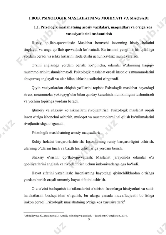 atning o‘ziga xos xususiyatlari: o‘ziga xos maxfiylik: psixologik maslahat jarayonida maxfiylik asosiy tamoyildir. mijozning ishonchini qozonish uchun maslahatchi maxfiylikni ta’minlaydi. hamkorlik asosida ishlash: psixolog va mijoz hamkorlikda, teng huquqli va hurmatli munosabatda ishlaydi. subyektiv yondashuv: har bir mijozning ehtiyojlariga mos tarzda yondashish zarur, chunki har bir inson o‘ziga xosdir. qisqa va uzoq muddatli yordam: maslahatning davomiyligi muammoning murakkabligiga qarab farq qilishi mumkin, ba’zida qisqa vaqt davomida yordam berilsa, ayrim hollarda uzoq muddatli qo‘llab-quvvatlash talab qilinadi. psixologik maslahatga qanday tayyorlanish kerak. psixologik maslahatga tayyorlanish qator umumiy va xususiy masalalarni hal etishni talab etadi. shu bilan bir qatorda umumiy masalalar umumiy maslahatchilarga taalluqli bo'ladi, xususiy masalalar esa mijozlami qabul qilish va psixologik maslahatga taalluqli bo'ladi. psixologik maslahatga tayyorgarlik umumiy masalalariga asosan quyidagilar kiritiladi:[footnoteref:2] [2: g‘oziyev e.g. umumiy psixologiya. – toshkent: universitet, 2018.] l.xona va uskunalarni, maslahat o'tkazish joyini tanlash. xonalarni jihozlashga - uni mijoz va maslahatchi uchun qulay bo'igan kursi va stullar, …