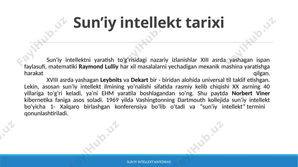 in (teoremalar isboti, o'yinlar nazariyasi va qaror qabul qilish, prognozlash) tabiiy til bilan ishlash (informatsion qidiruv (information retrieval)), mashinali tarjima) bilimlarni taqdim etish va foydalanish (berilganlarning intellektual tahlili, ekspert tizimlar) mashinali o'rgatish. intellektual tizim ishlashi davomida mustaqil ravishda bilimlarni olish jarayoni (o'rganish) muammolarini hal qilish (obrazlarni anglash: belgilarni, ovozni, rasmlarni) robototexnika boshqa sohalar: mashinali ijodkorlik (musiqa, she'r, hikoya), kompyuter o'yinlari, havfsizlik sun'iy intellekt kafedrasi qo'llanilish sohalari moliya sohasi: algoritmik savdo, bozor tahlili (berilganlarning intellektual tahlili), shaxsiy moliyaviy boshqaruv, kredit havfi hukumat harbiy soha: janglarda tezkor qaror qabul qilish maxsus xizmatlar: feyk xabarlarni aniqlash, botlarni aniqlash og'ir sanoat: odam uchun havfli ishlarni bajarishda robotlardan foydalanish tibbiyot: tibbiy diagnostika uchun qaror qabul qilishda, tibbiyotdagi turli rasmlarni interpretatsiya qilishda, qariyalarga qarash uchun robotlar, davolash rejasini tuzishda, kasalliklarni aniqlashda, ta'limda odamsifat maneken sifatida va h.k. inson resurslarini boshqarish va rekruting onlayn va telefon orqali mijozlarni qo'llab quvvatlash sun'iy intellekt kafedrasi mashhur sun'iy intellekt tizimlari …