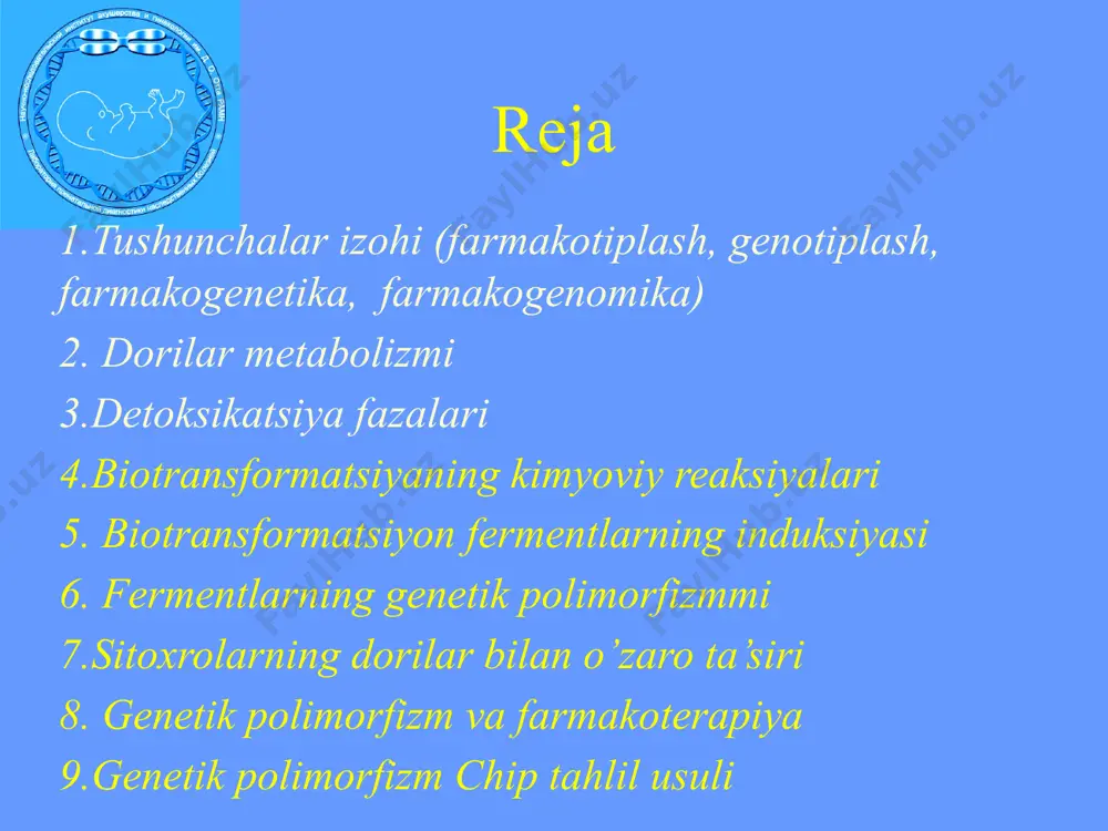 52% лист1 0 0 0 0 0 0 clozapine imipramine caffeine acetaminophen phenacetin diazepam citatopram omeprazole proguanil amitriptyine carbamazepine clarithomycin cyclosporine lignocaine midazolam paroxetine terfenadine amitriptyline codeine haloperidol imipramine metoprold nortrityline ondanseton propafenone chlorzoxazone enflurane halothane diclofenac lbuprofen losartan phenyton tolbutamide cyp2e1 лист2 взаимодействие различных цитохромов на лекарственные препараты. лист3 /docprops/thumbnail.jpeg farmakogenetika farmakogenetika 1 reja 1.tushunchalar izohi (farmakotiplash, genotiplash, farmakogenetika, farmakogenomika) 2. dorilar metabolizmi 3.detoksikatsiya fazalari 4.biotransformatsiyaning kimyoviy reaksiyalari 5. biotransformatsiyon fermentlarning induksiyasi 6. fermentlarning genetik polimorfizmmi 7.sitoxrolarning dorilar bilan o’zaro ta’siri 8. genetik polimorfizm va farmakoterapiya 9.genetik polimorfizm chip tahlil usuli farmakogenetika tarixi 1932-primakvin qo’llanilganda oilaviy gemolitik anemiyaning uchrash xolatlari yozilgan 1957 yil- darilarga individual sezuvchanlikning genetik tabiatini aniqlangan (a.motulskiy, v. kalov). 1958 - «farmakogenetika" atamasining kiritilishi (f. fogel). 1962 –farmakogenetika bo’yicha birinchi kitob nashr etilishi (v. kalov) . 1977-yil- silga qarshi preparatning debrizokvinning metabolik tezliginini genetik tabiati (cyp2d6 genining polimorfizim) aniqlangan. 1980-merkaptopurinning zaharligi va tiopurin transferaza fermentining etishmasligi …