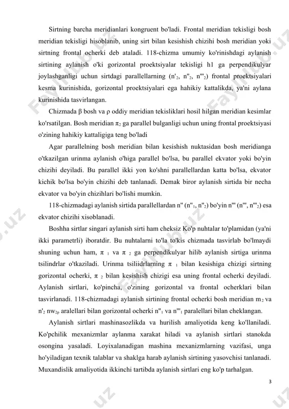 i orhali o'tgan o'hi atrofida m (m1 , m2) aylananing aylanishidan xosil bo'lgan sferaning frontal va gorizontal proektsiyalari tasvirlangan. chizma sfera ustida yotgan a nuhtaning frontal va b nuktaning gorizontal proektsiyasi berilgan. a nuhtaning a1 gorizont proektsiyasini yasash uchun orhali o12 i2 radiusli parallel utkazamiz. a nuktaning gorizontal proektsiyasi ana shu parallelning gorizontal proektsiyalariga etadi. lekin a nukta sferaning oldingi yoki orka yarmida joylashganligi anih aytilmaganligi uchun uning a1 va a11 gorizontal proektsiyalarini yasaymiz. demak, masalaning bunday ho'yilishida yotishmovchi proektsiya bir kiymatli bo'lmaydi. b nuhta ekvatorida yotganligi uchui unish b2 frontal proektsiyasi bir hiymatli bo'lib, u ekvatorning frontal proektsiyasida topiladi. 4 konus va tsilindr-to'gri chizikning aylanishidan xosil bo'lgan ikkinchi tartibli aylanish sirtlari. a) yasovchi a to'gri chizik aylanish o'hi bilan kesishsa, ikkinchi tartibli aylanma konus sirti h (i, a) xosil bo'ladi (120-chizma). b) a (a1, a2) yasovchi to'hri chizih i (i1, i2) ukka parallel bo'lsa, ikkinchi tartibli aylanma tsilindr sirti …
