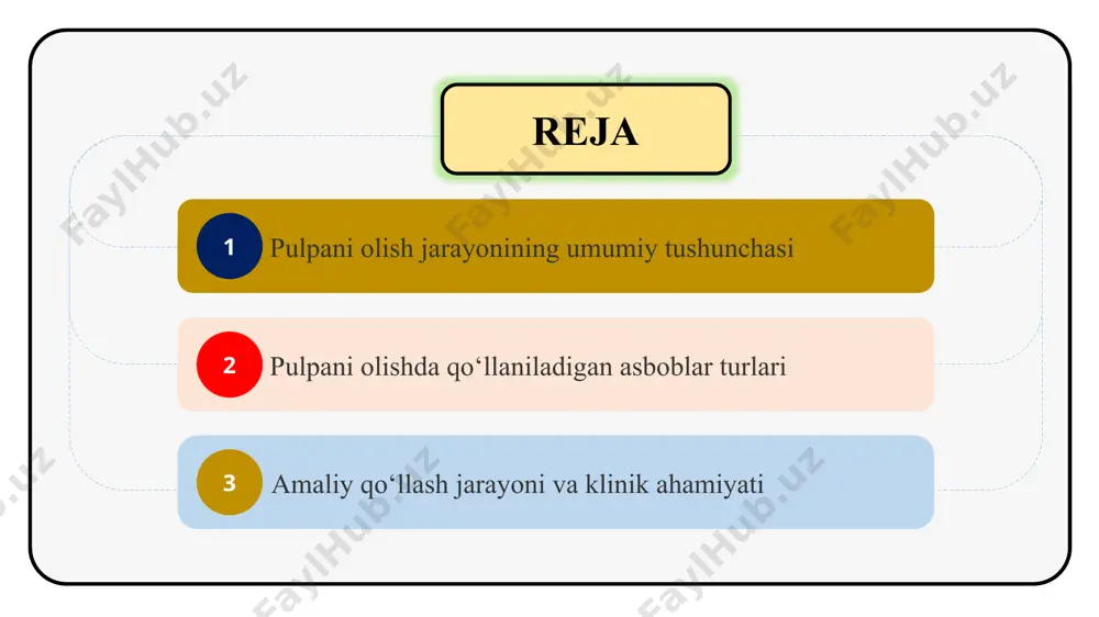 ishdir. endodontik davolashda ikki asosiy usul mavjud: vital va devital usul. vital usulda pulpa og‘riqsizlantirish ostida darhol olib tashlanadi. devital usulda esa pulpa maxsus dorilar yordamida oldin nekrozga uchratiladi, so‘ng olib tashlanadi. jarayon davomida pulpa kanallari maxsus asboblar bilan kengaytiriladi va tozalanadi. keyinchalik kanal dezinfeksiya qilinib, plombalanadi. bu usullar tishni uzoq muddat saqlashga xizmat qiladi. pulpaning devital amputatsiyasi vital pulpa ildiz kanali pulpani olishda qo‘llaniladigan asboblar turlari pulpa olib tashlashda qo‘l asboblari keng qo‘llaniladi. ekstirpator – pulpa to‘qimasini ildiz kanalidan tortib chiqaruvchi uzun va ingichka asbobdir. pulpekstraktor spiral shaklga ega bo‘lib, pulpa qoldiqlarini kanal ichidan yig‘ib olishga yordam beradi. bundan tashqari endodontik ignalar va fayllar kanallarni kengaytirish hamda tozalashda ishlatiladi. qo‘l asboblari oddiy va samarali bo‘lib, stomatologiya amaliyotida asosiy o‘rin tutadi. ekskavator – kariyes to‘qimasini kavitedan tozalash uchun. endodontik zond (pulpani tekshiruvchi zond) – kavitaning chuqurligi va kanal kirishini aniqlash uchun. ekstirpator – ildiz kanalidan pulpani tortib olish uchun. endodontik …