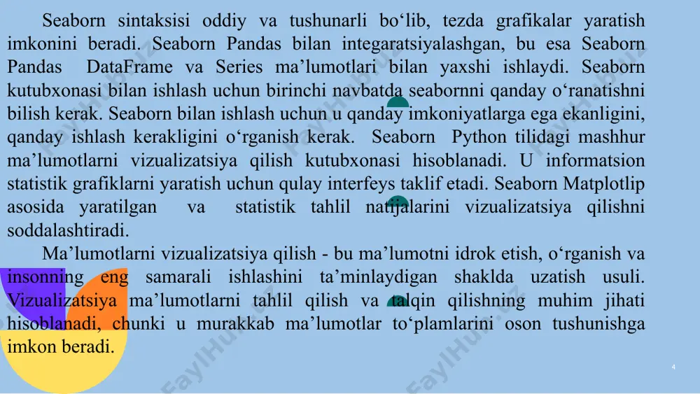 siyalarni ko‘rsatish. estetik jihatdan yuqori grafikalar. seaborn ma’lumotlarning empirik komulyativ taqsimot funksiyasini hisoblash va tuzish kabi kuchli ammo kamroq tanish bo‘lgan usullarni targ‘ib qilishga harakat qiladi [ 6]. ‹#› ma’lumotni vizualizatsiya qilish, metaforik tarzda, hikoya qilishning vizual san’atidan foydalanishning bir usuli hisoblanadi. vizualizatsiya - bu mazmunli maqsad bilan tushunchalarni almashish maqsadi. ma’lumotlar vizualizatsiyasi ma’lumotlar va ma’lumotlarning mazmunli grafik tasvirini yaratish uchun grafikalar, diagrammalar, xaritalar va boshqa elementlar kabi grafik elementlardan foydalanadi. bu ma’lumotlar to‘plamidagi tendentsiyalar, naqshlar va o‘zgarishlar haqida tushunchalarni almashishning kuchli usuli. foydalanuvchilar naqshlarni tahlil qilishlari va baham ko‘rilgan ma’lumotlar haqida tushunchaga ega bo‘lishlari mumkin. aytish mumkinki, vizualizatsiya ijodiy jihatlari tufayli san’atdir. ma’lumotlarni vizualizatsiya qilish - bu san’at (vizual) va fan (ma’lumotlarni taqdim etish usuli) birlashtirilgan. ma’lumotni vizualizatsiya qilishdan miqdoriy va sifat ma’lumotlariga oid tushunchalarni ko‘rsatish uchun foydalanish mumkin. ma’lumotlarni vizualizatsiya qilishning ilmiy qismi grafik vizualizatsiyani ko‘rsatish uchun mavjud bo‘lgan dasturiy ta’minot yoki kutubxonalar yordamida amalga oshiriladi. ushbu kitob …