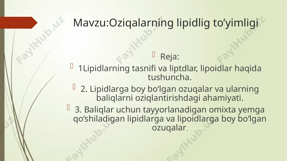 m katta ahamiyatga ega. teri qoplama sestemasi tashqi tomondan yupqa mo‘m pardasi bilan qoplangan bo‘lib turli kasalliklardan himoya qiladi. - ichki organlarning atrofida yog‘qatlami yastiqcha shaklida to‘planib turli mexanik tasurotlardan saqlanishida ham katta ahamiyatga ega. - yog‘da eruvchi vitaminlarni erigan holatda to‘qima va hujayralarga yetkazilib berilishida ham katta ahamiyatga ega. - yog‘lar lipoproteid larning tarkibiga birikib kelib hujayralarning struktura tuzilishida ham ishtirok etadi. umuman olganda lipidlar organizmda uchrashiga qarab ikki xil bo‘ladi. birinchi navbatda hujayralarning struktura tuzilishida ishtirok etadigan yog‘lar bo‘lib ularga protoplzmatik yog‘lar deyiladi. organizmda ularning miqdori o‘zgarmas bo‘lib tana og‘irligiga nisbatan 3-4 % miqdorda uchraydi. ikkinchisi organizmdagi yog‘ dipolarida to‘planadigan zaxira yog‘lar bularning miqdori o‘zgaruvchan bo‘lib saqlash va oziqlantirish sharoyitiga qarab 5-6 % dan 40-45 % gacha o‘zgarib turadi. yog‘lar va moylar. yog‘lar va moylar bir xil tuzilishga va kimyoviy tarkibiga ega, lekin ular tarkibidagi yog‘ kislotalari bo‘yicha bir-biridan farq qiladilar va shu bilan bir qatorda ularnint fizikaviy …