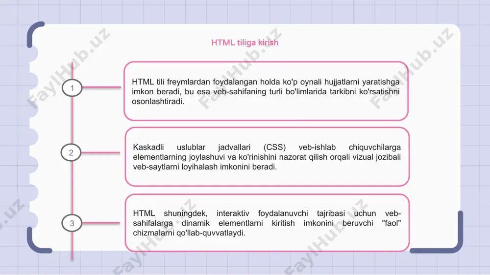 alligini oshirishda hal qiluvchi rol o'ynaydi. html-ning ko'p oynali imkoniyatlarini, css-ning uslublash imkoniyatlarini va "faol" chizmalarini birlashtirib, dizaynerlar foydalanuvchilarni o'ziga jalb qiladigan va umumiy foydalanuvchi tajribasini yaxshilaydigan vizual jozibali va interaktiv veb-tajribalarni yaratishi mumkin. 1 2 3 html dasturlashda interaktiv elementlar html tili ramkalardan foydalanish va kaskad uslublar jadvallari (css) bilan tarkibni tashkil qilish orqali ko'p oynali hujjatlarni yaratishga imkon beradi. bundan tashqari, html veb-sahifalarda dinamik va jozibali vizual tasvirlarni yaratish uchun "faol" chizmalarni birlashtirishni qo'llab-quvvatlaydi. html dasturlashdagi interaktiv elementlar foydalanuvchi kiritish va kontent bilan shug'ullanish imkonini berish orqali foydalanuvchi tajribasini yanada yaxshilaydi. "faol" chizmalar bilan dinamik veb-sahifalarni loyihalash html tili ramkalar orqali ko'p oynali hujjatlarni yaratishga imkon beradi va veb-sahifalar bo'ylab izchil dizayn uchun kaskadli uslublar jadvallaridan (css) foydalanish imkonini beradi. "faol" chizmalarni veb-sahifalarga integratsiya qilish, tashrif buyuruvchilarni jalb qiladigan va saytni yanada interaktiv qiladigan dinamik elementlarni yaratish orqali foydalanuvchi tajribasini yaxshilaydi. dinamik veb-sahifalarni "faol" chizmalar bilan loyihalash ijodkorlik …