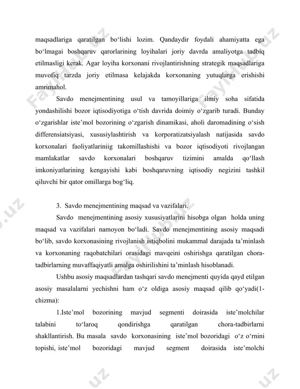 imentining barqarorligiga erishish kabi omillarning ta’minlanishi orqali amalga oshiriladi. 2.xaridorlarga savdo xizmati ko‘rsatilishini yuqori darajada ta’minlash. bu masala xaridorlarnipg savdo xizmatiga aloqador barcha talab-xohishlarini bajarish bilan hal etiladi. iste’molchi bozoridagi mavjud segmentning mohiyat va asosiy xususiyati uning iste’molchiga oz vaqt sarflab, qulay xizmat ko‘rsatishi bilan namoyon bo‘ladi. xaridorlarga xizmat ko‘rsatishga qaratilgan talablar tashkiliy-texnologik tadbirlar kompleksining yaratilishi, xizmat ko‘rsatishning barcha zaruriy jihatlarini ishlab chiqilishi bilan bajariladi. . 1-chizma.savdo menejmentining asosiy vazifalari mazmuni 3. savdo korxonasining savdo-texnologik va savdo xo‘jalik ishlarini amalga oshirishda tejamkorlikni ta’minlash. bu masala tovar harakati va xaridorlarga ko‘rsatiladigan xizmatga aloqador mehnat, moddiy va moliyaviy harajatlarni alohida texnologik jarayonlar va operatsiyalar miqyosidagi tejamkorligiga erishish orqali amalga oshiriladi. 4.foyda miqdorini oshirish va korxona ixtiyorida qoladigan foydaning oqilona taqsimlanishini ta’minlash. bu masala korxonaning tovar aylanish hajmining optimallashtirilishi, ma’lum maqsadlarga yo‘naltirilgan narx, amortizatsiya va soliq siyosatining yuritilishi, foydaning kapital va iste’mol qismlari o‘rtasidagi muvozanatnii optimallashtirilishiga erishish kabi omillarga bog‘liq. 5.savdo korxonasining xo‘jalik …