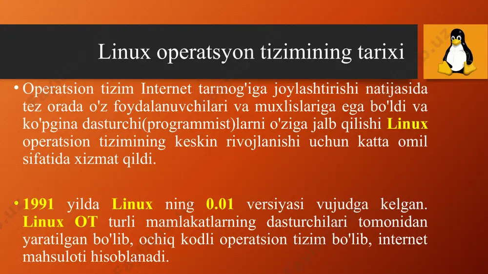 cape ni keltirishimiz mumkin. shu bilan birgalikda mozilla, thunderbird, firefox ham ular qatorig kiradi. platforma: linux nafaqat intel bazasidagi platformalar uchun balki, apple (ppc linux), compaq's alfa, mips, motorola 68k asoslangan mashinalar, 64 bitli tizimlar va ibm s/390x platformalari uchun mo'ljallangan. linux ko'pprotsessorli hisoblash mashinalarida ishlaydi. emulyator: linux boshqa ot uchun mo'ljallangan dasturlarni, linux muhitida ishlashini ta'minlab beruvchi emulyator dasturlarini qo'llab quvatlaydi. emulyator yordamida dos, windows va macintosh dasturlarini linux ostida ishlatishni ta'minlaydi. ochiq kodli dastur bo'lgan wine unix/linux oilasiga mansub bo'lgan x86 arxitekturali tizimlarda windowsning 16-32-64 bitli ilovalarini ishlatishni amalga oshirib beradi. xen: xen cambridge universiteti tomonidan yaratilgan ochiq kodga ega virtual mashina (vmm) hisoblanib, bitta kompyuterning o'zida alohida bir nechta ot ni ishlatishni ta'minlab beradi. virtual mashina yordamida, ot ni o'rnatishni, ishlatib eksplutatsiyalash, bir mashinaning o'zida tarmoqning ishlashini testlash mumkin linux avzalliklari. linux bir vaqtning o'zida ko'p foydalanuvchilarga hizmat ko'rsata oladi. qurilmalarning imkoniyati va ularning vazifalari turidan kelib …