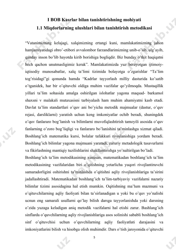 a’lim metodikasining xususan, matematikadan boshlang’ich ta’lim metodikasining vazifalaridan biri o’qitishning yetarlicha yuqori rivojlantiruvchi samaradorligini oshirishni ta’minlashda o’qitishni aqliy rivojlanishlariga ta’sirini jadallashtiradi. matematikadan boshlang’ich ta’lim-tarbiyaviy vazifalarni nazariy bilimlar tizimi asosidagina hal etish mumkin. oqitishning ma’lum mazmuni va o’qituvchilarning aqliy faoliyati bilan ta’sirlanadigan u yoki bu o’quv yo’nalishi ucnun eng samarali usullarni qo’lay bilish darsga tayyorlanishda yoki darsning o’zida yuzaga keladigan aniq metodik vazifalarni hal etishi zarur. bashlang’ich sinflarda o’quvchilarning aqliy rivojlanishlariga asos solinishi sababli boshlang’ich sinf o’qituvchisi uchun o’quvchilarning aqliy faoliyatlati darajasini va imkoniyatlarini bilish va hisobga olish muhimdir. dars o’tish jaroyonida o’qituvchi kursatmalilik va kurgazmali qurollardan foydalanib yangi pedagogik texnalogiyalardan foydalanish juda muhim hisoblanadi. o’quvchilarni kasrlar bilan tanishtirish dasturga binoan 4-sinfdan boshlanadi. kasrlarni hosil bo’lishi, ularni taqqoslash, sonni ulushini topish va berilgan ulushiga ko’ra sonning o’zini toppish bilan tanishadilar. 4-sinfda 1 ning ulushi va bir necha ulushi, uning yozma ko’rinishi tasavurlariga ega bo’ladilar. kasr tushunchasi geometriyada kesma ulushi, middorlarning ulushi …
