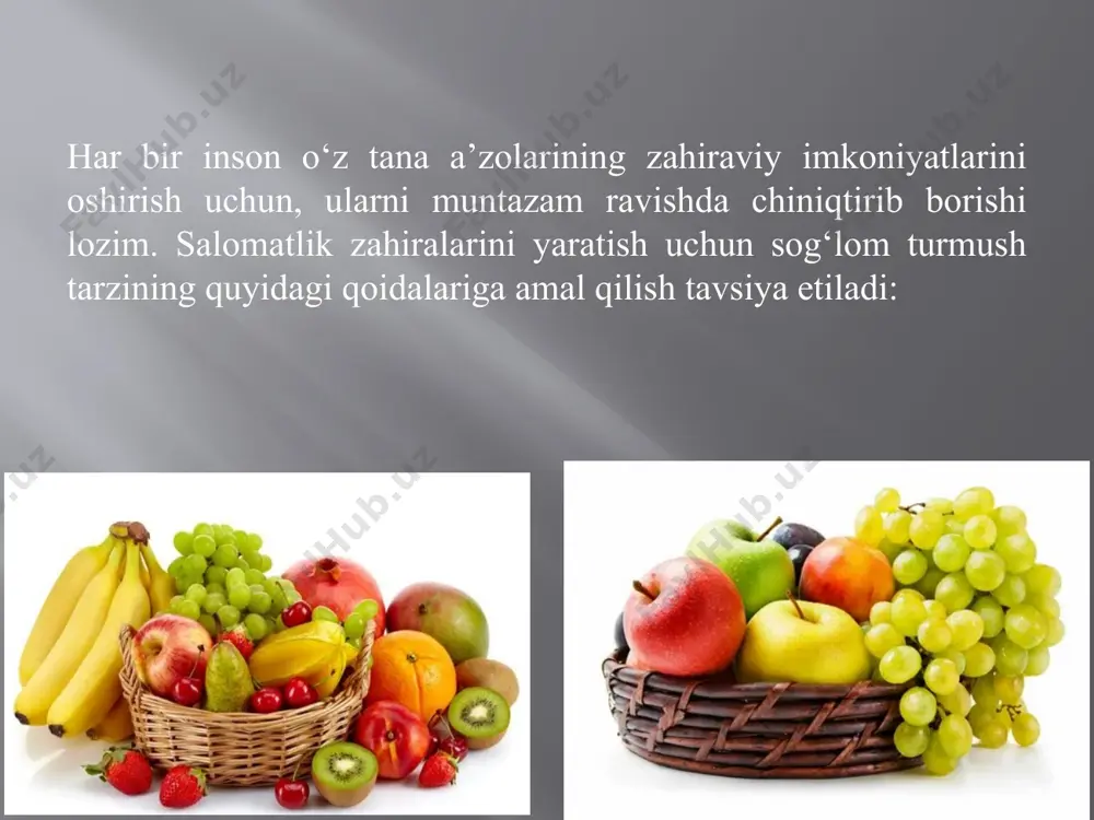 dir.o'quv jarayonida birinchi navbatda o'quvchilarda sog'lom turmush tarzini shakllantirish amalga oshiriladi. sog‘lom turmush tarzini o‘lchashda ishlatilishi mumkin bo‘lgan bunday me’zonlar qatoriga shaxsning: jamoatchilik va mehnat jarayonlarida faollik ko‘rsatib, samarali ijodiy faoliyat bilan mashg‘ul bo‘lishi; oilada va kundalik turmushda namunali yashashi; o‘zidagi jismoniy va ma’naviy qobilyatlarni ro‘yobga chiqarishga intilishi; tabiiy va ijtimoiy muhit bilan mutanosiblikda yashashi; sog‘lom va barkamol inson bo‘lib shakllanish uchun o‘z shaxsini bosqichma-bosqich rivojlantirib borishga intilishi; nosog‘lom turmush tarziga xos zararli odatlarning quliga aylanib qolishdan va o‘z umrini hayot oqimining ayovsiz girdobiga tushib qolishdan asrashga intilib yashashi; faqat uzoq yashayotgani uchungina emas, balki hayotda to‘g‘ri yashayotganidan ham qoniqishi hosil qilib, zavqlanib yashashi intilishi; sog‘lom turmush tarzini o‘zi uchun bir umrga hamroh qilib olishi kabi qimmatli sifat va xususyatlarini kiritish mumkin. o'quv jarayoni turli xil pedagogik texnologiyalarga asoslangan bo'lib, bu jarayonni yanada tushinarli va samaraliroq qiladigan o'quvchi va o'qituvchining mehnati, vaqti va sog'lig'i uchun uslub va usullarning kombinatsiyasiga asoslangan.masalan, …