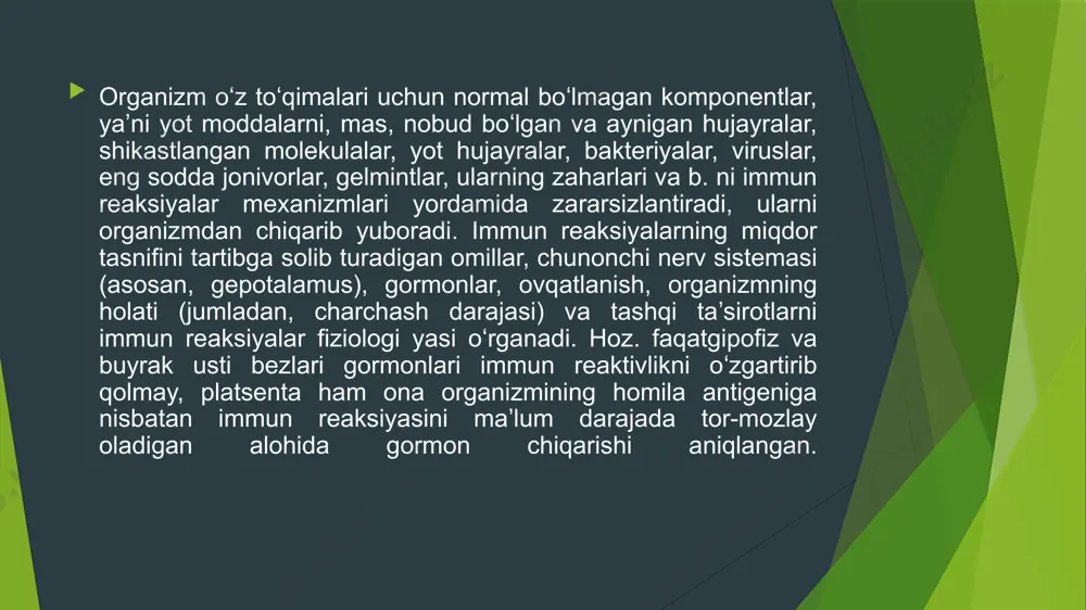 matologiya ilmiy-amaliy tibbiyot markazida, keyinchalik esa bolalar gematologiyasi,onkologiyasi va klinik immunologiyasi markazida ham joriy etish rejalashtirilgan. respublika ixtisoslashtirilgan onkologiya va radiologiya ilmiy-amaliy tibbiyot markazinitoshkent tibbiyot akademiyasi klinikasining bo„sh turgan hududida joylashtirish rejalashtirilmoqda. buning uchun xorijiy ekspertlar va yetakchi ilmiy-tadqiqot muassasalari jalb qilinib, zamonaviy yangi bino-inshootlar kompleksi quriladi. bunga va onkologiya yordamini takomillashtirish bilan bog„liq xarajatlar uchun davlat budjetidan 2021-yilda qo„shimcha 60 milliard so„m hamda 2022-yildan boshlab 125 milliard so„mdan kam bo„lmagan miqdorda mablag„ ajratiladi. 2022-yil 1-yanvardan boshlab qizlar va ayollar orasida onkologik kasalliklar tarqalishining oldini olish va erta diagnostika qilish quyidagi milliy dasturlar asosida amalga oshiriladi:9-14 yoshdagi o„smir qizlarni odam papillomasi virusiga qarshi vaksina bilan emlash;30-55 yoshdagi ayollar orasida bachadon bo„yni va 45-65 yoshdagi ayollar orasida ko„krak bezi saratoni skriningi. 2021-yil 1-iyuldan boshlab gematologiya, onkologiya, klinik immunologiya, transfuziologiya va shu sohadagi laboratoriya yo„nalishlari bo„yicha yosh mutaxassislarning xorijdagi yetakchi ilmiy va tibbiyot markazlari ish joylarida malaka oshirishi va stajirovka o„tashi bilan …