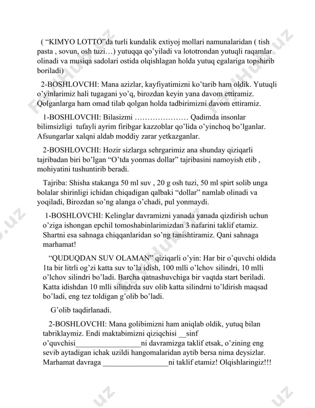 iz! 2-boshlovchi:davramizga kimyo faninig otasi mendeleyev elemehtlar vakillari bilan tashrif buyurishgan. ularning ham siz azizlarga aytar tilaklari, so’zlari bor ekan. 1-boshlovchi: ularni kuttirmasdan davramizga taklif etaylik bo’lmasam. mendeleyev:kimyoviy elementlar davriy jadvali, bu erur kimyoning bosh alifbosi. bunga jo bo’lgandiz bir butun borliq, bir butun olamning bari shundadir. keling tanishaylik jadvalimizla davr va guruhlar bildirar neni. raqamlarda joylashgan mo’jiza tanidingiz ustoz mendeleyevni. qarang oddiylikni davriy jadvalda, guruhlar bildirar bir oilani. tartib raqam bilan bir xildir bunda, elementning elektron va protoni. kislorod (o2) havo musaffo bo’lsa, bu mendandir olov, suv ham bo’lsa bu mendandir. metallar zanglasa ham, bu mendandir, o’zim gaz, rangim yo’q, toppish sendandir. vodorod: (h2) shunday gazdir, hidi bo’yi, ta’mi bo’lmas yengillikda hech bir gazga yo’l bermas. birikmasi “obi hayot”nom olgan. chunki o’zi hayotga asoa solgan. oltin: (au) somon kabi sarg’aygan yuzim quyosh kabi yaraqlar yuzim. suv, otash menga ta’sir etmas, men buyukman porlar yulduzim. temir: (fe) o’zi metal xossalari …