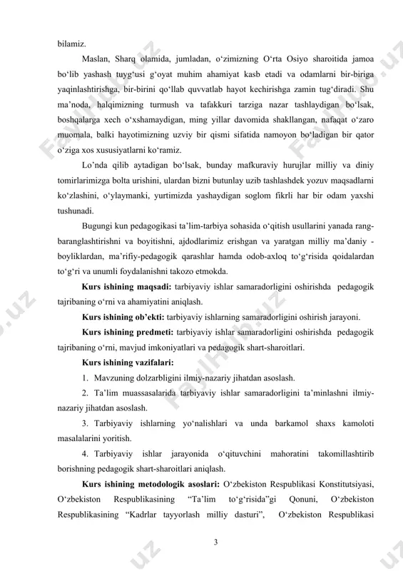 y ishlarning samaradorligini oshirish jarayoni. kurs ishining predmeti: tarbiyaviy ishlar samaradorligini oshirishda pedagogik tajribaning o‘rni, mavjud imkoniyatlari va pedagogik shart-sharoitlari. kurs ishining vazifalari: 1. mavzuning dolzarbligini ilmiy-nazariy jihatdan asoslash. 2. ta’lim muassasalarida tarbiyaviy ishlar samaradorligini ta’minlashni ilmiy-nazariy jihatdan asoslash. 3. tarbiyaviy ishlarning yo‘nalishlari va unda barkamol shaxs kamoloti masalalarini yoritish. 4. tarbiyaviy ishlar jarayonida o‘qituvchini mahoratini takomillashtirib borishning pedagogik shart-sharoitlari aniqlash. kurs ishining metodologik asoslari: o‘zbekiston respublikasi konstitutsiyasi, o‘zbekiston respublikasining “ta’lim to‘g‘risida”gi qonuni, o‘zbekiston respublikasining “kadrlar tayyorlash milliy dasturi”, o‘zbekiston respublikasi prezidenti sh.mirziyoyevning ma’naviy-ma’rifiy, tarbiyaviy ishlarni tashkil etishga oid yondashuvlari , ta’lim muassasalarida tarbiyaviy ishlarni yo‘lga qo‘yishga oid me’yoriy hujjatlar, hukumat qarorlari, chora-tadbirlar va boshq. kurs ishining tarkibiy tuzilishi va hajmi: ish kirish, asosiy qism 4 bo‘lim, umumiy xulosalar va foydalanilgan adabiyotlar ro‘yhatidan iborat bo‘lib, jami 28 sahifani tashkil qiladi. 1. tarbiyaviy ishlarning yo‘nalishlari va unda barkamol shaxs kamoloti masalalari barkamol inson – o‘zida ma’naviy-axloqiy hislatlar majmuini mujassamlashtirgan, jamiyatda o‘zligini …