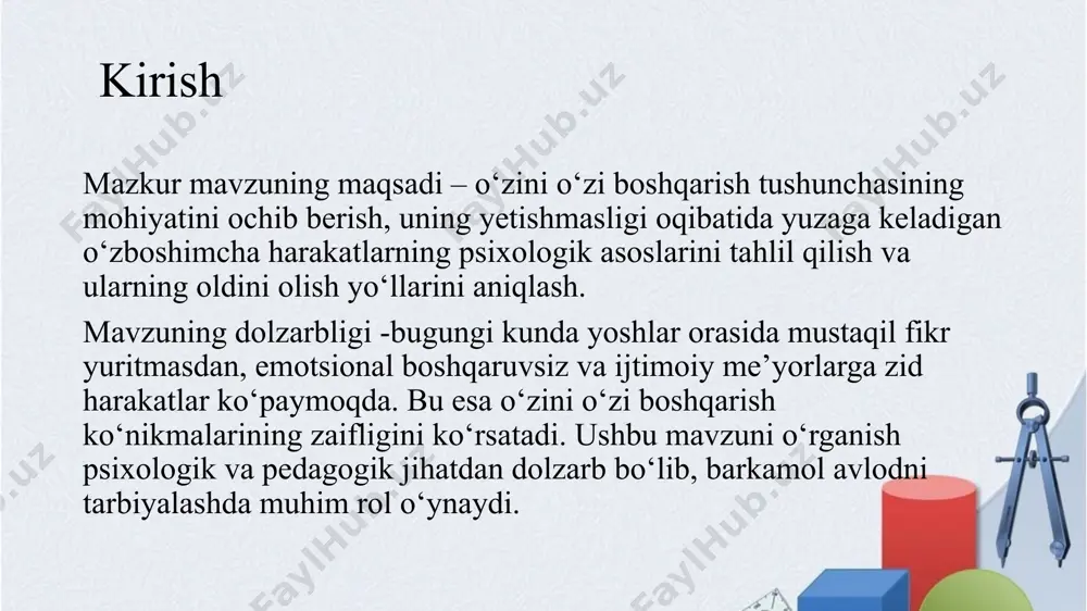 tda shaxs o‘z harakatlarini oldindan rejalashtirmasdan, ichki turtki yoki istakka bo‘ysunib bajaradi. bu odatda o‘zini nazorat qila olmaslik yoki irodaviy zaiflik belgilaridan biridir. misol uchun: birdan joyni tark etish, pulni behuda sarflash, keskin fikr o‘zgartirish. normativ o‘zboshimchalik bu — jamiyatda belgilangan axloqiy, huquqiy yoki madaniy me’yorlarga qarshi chiqish orqali namoyon bo‘ladigan harakatlardir. bunday shaxslar ko‘pincha o‘z nuqtai nazarini mutlaq to‘g‘ri deb hisoblaydi va boshqalarning fikrini e’tiborsiz qoldiradi. misol uchun: jamoa qoidalariga bo‘ysunmaslik, qonun buzish, ota-onaga yoki o‘qituvchiga qarshi chiqish. demonstrativ (ko‘rsatish uchun) o‘zboshimchalik bu turdagi o‘zboshimchalik atrofdagilar e’tiborini jalb qilish yoki o‘zini ko‘z-ko‘z qilish maqsadida amalga oshiriladi. bunda shaxs o‘z harakati orqali boshqalarga nimanidir isbotlamoqchi bo‘ladi. misol uchun: norasmiy kiyinish, noodatiy xatti-harakatlar, o‘zini "boshqacha" tutish orqali ajralib turishga urinish. agressiv o‘zboshimchalik bu holatda shaxs boshqalarning shaxsiy hududiga tajovuz qiladi, ularning fikr va his-tuyg‘ularini e’tiborsiz qoldiradi. ko‘pincha psixologik bosim yoki jismoniy tajovuz bilan kechadi. misol uchun: majburlash, haqorat qilish, zo‘ravonlik. o‘zboshimchalikka …
