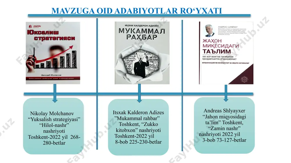 garuvchan sharoitlarga moslashuvchan. o‘zbekistonda umumta’lim maktablarida mezonlarga asoslangan baholash tizimi asosida ichki nazorat tizimini yo‘lga qo‘yish lozim bo‘ladi. 7 natijaga yo‘naltirilgan nazorat maktab boshqaruvining eng muhim elementi hisoblanadi. uni joriy etishda maktab rahbarlari nazorat vositasi bo‘lgan baholash tizimini maktablarida tatbiq etishi hamda nazoratda jamoatchilik ishtirokini oshirib borishi, “maktab ekologiyasi” ni muvofiqlashtirib, raqamli nazorat tizimini yo‘lga qo‘yishi, natijalarni chuqur tahlil qilishi muhim hisoblanadi. xulosa 8 2 samarali baholash tizimini umumta’lim maktablarida ham kengroq joriy etish nazoratda ilg‘or xorijiy va mahalliy tajribalardan foydalanish va qarshi fikrli xodimlar bilan ishlash maktablarda turli o‘quv rejalardan foydalanishni joriy qilish takliflar 1 2 3 9 chora-tadbirlar rejasi t/r muammo muammoning yechimini amalga oshirish mexanizmi mas’ullar muddati kutiladigan natija 1. aksariyat umumta’lim maktablaridagi baholash mezonlarining umumiyligi, o‘quvchiga individual yondashishning imkonsizligi. barcha maktablarda mezonlarga asoslangan yangi baholash tizimini joriy etish maktab direktori, maktab pedagogik kengashi 2025-2026-o‘quv yili boshida o‘quvchilarda “bilish-qo‘llash-mulohaza qilish” ko‘nikmalari aniq shakllanadi. maktablarda aniq mezonlar asosida …