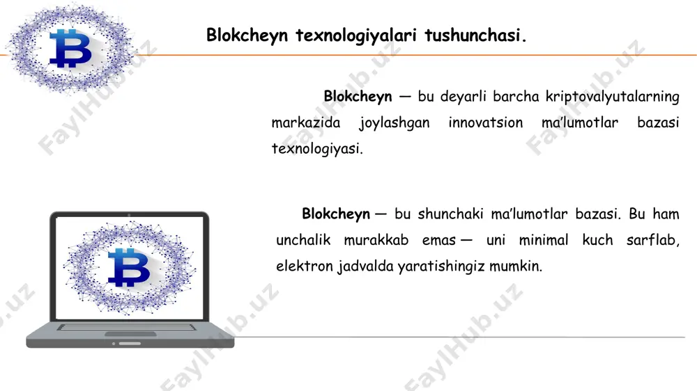 hisobga olsak, uning qanchalik tez harakatlanishida chegara mavjud. masalan, bitcoin visa bilan sekundiga 1700 tranzaktsiyaga qarshi sekundiga atigi 4,6 tranzaksiyani amalga oshirishi mumkin. bundan tashqari, tranzaktsiyalar sonining koʻpayishi tarmoq tezligi bilan bogʻliq muammolarni keltirib chiqarishi mumkin. bu yaxshilanmaguncha, miqyoslash qiyin boʻladi. kriptovalyutalar va to’lov tizimlari kriptovalyuta -bu raqamli valyuta turi boʻlib, uning ichki hisob birliklari markazlashtirilmagan to'lov tizimi tomonidan taʼminlanadi (ichki yoki tashqi maʼmur yoki boshqa maʼmur yoʻq) uning analogi) toʻliq avtomatik rejimda ishlaydi. kriptovalyuta - bu raqamli pul, uni jismonan sezib bo'lmaydi, chunki ular faqat foydalanuvchining kriptovalyutasi qanchalik ko'pligi va uni qayerga o'tkazishi haqidagi ma'lumotlarni o'z ichiga olgan elektron reestrlarda saqlanadi. bu reestrlar blokcheynlar deb ataladi va ularni buxgalteriya hisobi bilan solishtirish mumkin. simple powerpoint presentation kriptovalyutalar va to’lov tizimlari kriptovalyuta maxsus elektron hamyonlarda saqlanadi, ularning turli xili bor va odatda har bir kriptovalyutaning o'z hamyoni bor. uni ishlatish uchun foydalanuvchi lotin harflari va raqamlari to'plamidan iborat o'z manzilini …