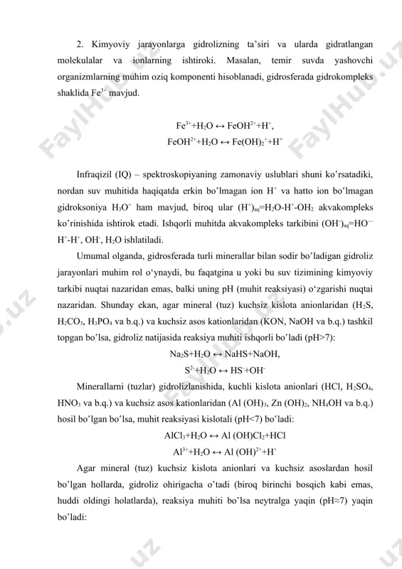 itratlar miqdori 150 mg/l bo'lib bu suvni yosh bola ichsa u ko'karish (siney) ya'ni toksik sionoz kasaliga uchraydi, shuning uchun ham nitrit miqdori ichimlik suvida gost 2874-82 bo'yicha 9 mg/l dan oshmasligi kerak. azot tabiiy suvlarda noorganik va organik birikmalari ko'rinishida uchrab asosan ammoniy (nh+4), nitrit (no-2), nitrat (no-3) ionlari bilan qatnashadi. azot bor organik moddalar tabiiy suvlarda muallaq zarrachalar kolloidlar va erigan molekulalar shaklida qatnashadi. organik moddalar. tabiiy suvlarda har doim u yoki bu miqdorda organik moddalar bo'ladi. ular har xil ko'rinishlarga ega bo'lishidan qat'iy nazar asosan ularni uglerod, kislorod va vodorod tashkil etadi va umumiy massaning 98,5% iboratdir. bulardan tashqari ozroq miqdorda azot, fosfor, oltingugurt, kaliy, kalsiy va boshqa elementlar ham bo'ladi. sanitariya gigiena nuqtai-nazaridan suvdagi organik moddalarni ikki guruhga bo'lish mumkin. 1. o'simlik va hayvonot qoldiqlarining bioximik chirishi natijasida hosil bo'lgan maxsulotlar (bu birikmalar zaxarsiz va gigiena nuqtai nazaridan zararsizdir). 2. suvga oqova suv bilan tushadigan har …