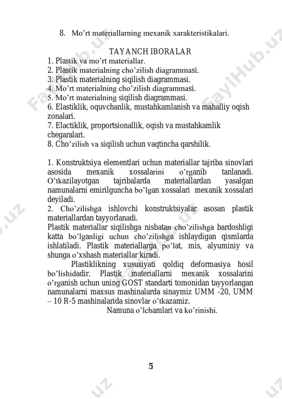 algan devorlar, beton ko’priklar. uzunligi l kesim yuzasi f , materiali uchun xususiy og’irlikni  bo’lgan silindrik tayanch osilgan. bu sterjen uchun normal kuch, kuchlanish va ko’chish epyuralarini ko’ramiz. ixtiyoriy kesimida normal kuch xususiy og’irlik koeffitsienti kesim yuzasi va uzunligi ko’paytmasiga teng:  fn  bu kesimda normal kuchlanish normal kuchining kesish yuzasiga nisbati bilan o’lchanadi. ya’ni:   f n kesim ko’chishlari guk qonuniga asosan topiladi, ya’ni:  22 2 zl fef dn u z       10 barcha funktsiyalarning sterjen o’qi bo’ylab o’zgarish grafigini ya’ni epyurasini quramiz. xususiy og’irlik koeffisenti  - materialiga qarab jadvallardan oladi. 3. mustaxkamlikni hisoblash konstruktsiya elementi kesmalarida hosil bo’ladigan eng katta kuchlanishlar ruxsat etilgan kuchlanishlardan ortmasligi shart. cho’zilish va siqilish deformatsiyasida sterjen kesimlarida faqat normal kuchlanish xosil bo’ladi.   max ruxsat etilgan kuchlanish masalan: po’lat uchun   160 mpa, mis uchun   100 mpa yog’och uchun …