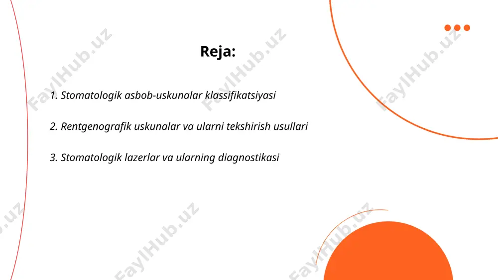 yonlarini osonlashtirish. ular an'anaviy vositalarga nisbatan kamroq og'riq keltiradi va tiklanish muddatini qisqartiradi. diagnostikada lazerlar kariesni aniqlashda ham foydali bo'lishi mumkin, chunki ular tish emalidagi mikro yoriqlarni aniqlash imkonini beradi. har bir lazer turi o'zining laser to'lqin uzunligi va quvvat darajasi bilan ajralib turadi, bu esa ma'lum bir muolaja uchun mos bo'lishini ta'minlaydi. yalang'och ko'z bilan ko'rish mumkin bo'lmagan mayda nuqsonlarni aniqlash uchun lazerli fluoresensiya texnologiyasidan foydalaniladi. ... t.me/slaydai_bot endodontik asboblar tish ildiz kanalini davolashda ishlatiladigan maxsus vositalardir. ular orasida kanal fayllari, reamerlar, spiral pluggers, lentulo spirallari va obturatsiya materiallari kiradi. fayllar va reamerlar ildiz kanalini tozalash va shakllantirish uchun ishlatiladi, har biri ma'lum diametr va konuslik darajasida ishlab chiqariladi. lentulo spirallari antiseptik yoki obturatsiya materiallarini kanal ichiga kiritishda qo'llaniladi. asboblarni tekshirish ularni ish uchun yaroqli holatda saqlash uchun o'ta muhimdir. har bir asbob ishlatishdan oldin sterilizatsiya qilinishi va mikroskop yordamida yuzasida yoriqlar yo'qligiga tekshirilishi kerak. ... t.me/slaydai_bot ultrasonik tish …