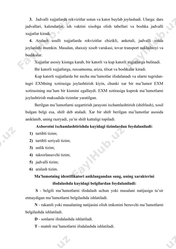 ishlari uchun, ya’ni uzaro boglangan katta xajmdagi axborotni saklash, uzgartirish va ishlatish uchun muljallangan, maxsus tizim tushuniladi. masalan: korxonaning ma’lumotlar bazasida ishchi va xizmatchilarning shtat jadvali, moddiy boyliklar, keltirilgan xom-ashyo va butlash kismlari, omborlardagi extiyot kismlar, tayyor maxsulot, direktsiyaning buyruk xamda farmoyishlar va boshkalar xakidagi barcha axborot saklanadi. kandaydir bitta axborotning juda kichik uzgarishi turli joylarda muxim uzgarishlar bulishiga olib kelishi mumkin. xozirgi kunda ma’lumotlar bazasining daraxtsimon, tarmokli va jadvalli turlari mavjud. daraxtsimon turdagi ma’lumotlar bazasi 1- va 2-avlod exmlari yordamida tashkil kilingan. bunday ma’lumotlar bazasidan tegishli axborotni olish uchun, avvalom-bor, yukori xususiyatga murojaat kilinadi. va, shu tarika, yukoridan pastga xarakat kilish orkali tegishli ma’lumotlarni olish mumkin. bu usulning kamchiligi ma’lumotlarni saklash uchun katta xajm talab kiladi. tegishli ma’lumotlarni olish vaktini uzaytiradi. yukoridagi kamchiliklarni tugatish maksadida tarmokli turdagi ma’lumotlar bazasi xosil kilingan. bunday ma’lumotlar bazasi 3-avlod exmlarida ish yuritadi. bugun tegishli ma’lumotlar olish uchun istalgan yunalish buylab borish mumkin. tarmokli …