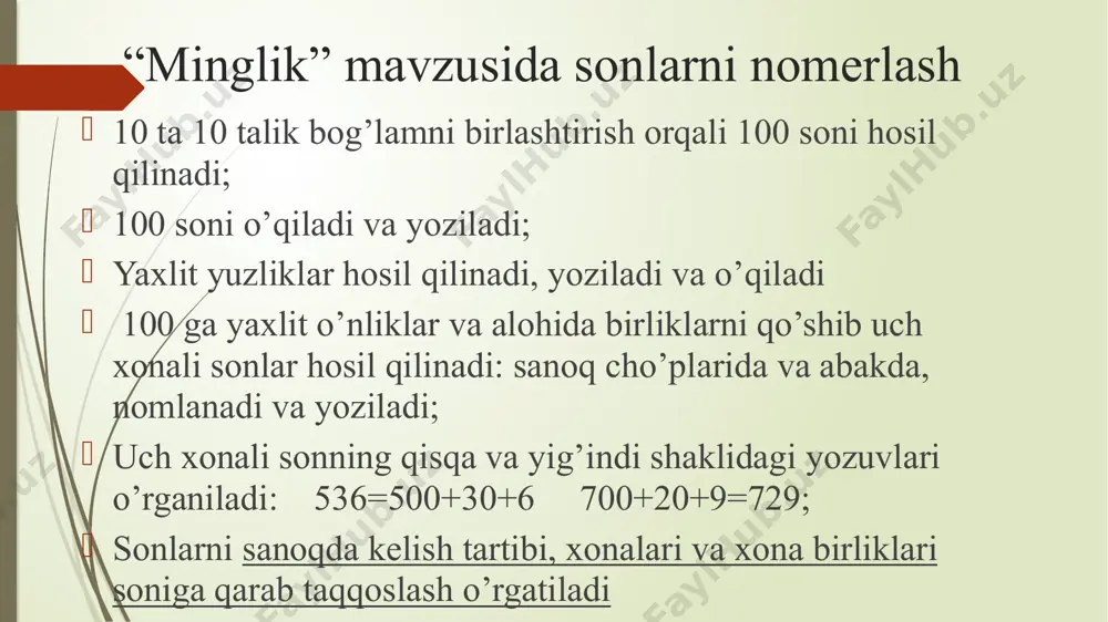 yuz minglar o‘n minglar minglar yuzlar o‘nlar birlar millionlar sinfi minglar sinfi birlar sinfi sonlarni yozing: 735 ming 735 ming 2 birlik 735 ming 42 birlik 735 ming 642 birlik raqamlar tarkibi o‘xshash sonlarni taqqoslash a) 529473 va 52900473. bu sonlarda nima umumiy? nimasi bilan farq qiladi? b) 26013013; 26130130; 261313 sonlarning qaysi biri katta? qaysi biri kichik? nima uchun? sonni tahlil qilish sxemasi 1. sonni o‘qi. 2. bu sonda har bir xonaning va har bir sinfning hammasi bo‘lib nechta birligi bor? 3. bu.sonning har bir xonasida hammasi bo‘lib nechta birlik bor? 4. sonni uning xona qo‘shiluvchilari yig‘indisi ko‘rinishida yoz. 5. sanoqda berilgan sondan keyin keluvchi sonni va undan oldin keluvchi sonni ayt. 6. raqamlari soni berilgan sonning raqamlari soniga teng bo‘lgan eng katta va eng kichik sonni ayt. 7. berilgan sonni yozish uchun hammasi bo‘lib nechta raqam kerak bo‘lgan? ular orasida nechta turli raqam bor? 8. berilgan sonning barcha …