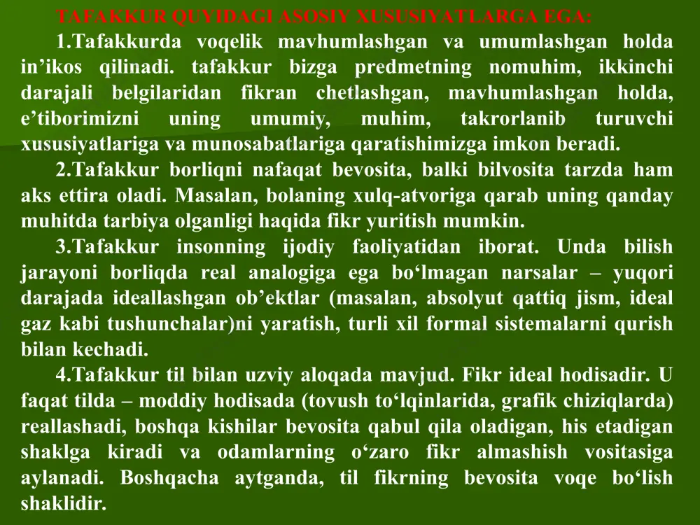 in emas yoki uchinchisi yo‘q, berilmagan. masalan: uzoqdan ko‘ringan odam yo erkak, yo ayoldir. aniq javobingni ayt: sevasanmi, sevmaysanmi? agar nozidlik qonuni qarama-qarshi (kontrar) hukmlarga nisbatan amal qilsa, uchinchisini istisno qonuni esa zid (kontradiktor) hukmlarga nisbatan amal qiladi. shuningdek, nozidlik qonuni haqiqatni aniqlashning ikki qarama-qarshi yo‘lini tan olib, ulardan biri chin, ikkinchisi yolg‘on ekanligini ta’kidlaydi. uchinchisini istisno qonuni fikrga jiddiy aniqlik kiritib, uchinchi, oraliq, o‘rtancha yo‘lning bo‘lishi mumkin emasligini qayd qiladi. mantiqning bu qonuni ham to‘g‘ri, izchil, xatosiz tafakkur qilish uchun katta ahamiyatga egadir. formulasi: a yo v, yo v emas. yetarli asos qonuniga binoan, har qanday chin, haqqoniy fikr, hukm, bilim asoslangan, isbotlangan, dalillangan bo‘lishi, buning uchun esa ular yetarli, to‘liq asoslar, dalillar, fikrlar, argumentlarga ega bo‘lishi lozim. demak, mulohazalar haqqoniyligini asoslash, isbotlashning yagona vositasi dalillar, asoslar, faktlar va argumentlardir. asoslanganlik esa to‘g‘ri tafakkurning muhim talabidir. asoslanmagan, isbotlanmagan fikr yolg‘on, noilmiy fikr, xurofot, bid’at, bo‘htondir. yetarli asos uchun olingan …