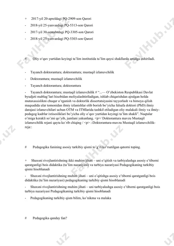 qtalar o’rniga kerakli so’zni qo’yib, jumlani yakunlang. / doktorantura mavzu mustaqil izlanuvchilik rejani qayta ko`rib chiqing / ::doktorantura-mavzu mustaqil izlanuvchilik-reja:: # pedagogika fanining asosiy tarkibiy qismi to’g’ri ko’rsatilgan qatorni toping. + shaxsni rivojlantirishning ikki muhim jihati – uni o’qitish va tarbiyalashga asosiy e’tiborni qaratganligi bois didaktika (ta’lim nazariyasi) va tarbiya nazariyasi pedagogikaning tarkibiy qismi hisoblanadi - shaxsni rivojlantirishning muhim jihati – uni o’qitishga asosiy e’tiborni qaratganligi bois didaktika (ta’lim nazariyasi) pedagogikaning tarkibiy qismi hisoblanadi - shaxsni rivojlantirishning muhim jihati – uni tarbiyalashga asosiy e’tiborni qaratganligi bois tarbiya nazariyasi pedagogikaning tarkibiy qismi hisoblanadi - pedagogikaning tarkibiy qism bilim, ko’nikma va malaka # pedagogika qanday fan? + pedagogika ta’lim-tarbiya jarayonining mohiyati, mazmuni, qonuniyatlari, metodlarini o’rganuvchi ijtimoiy, umumkasbiy fan - pedagogika ta’lim jarayonining mazmuni, qonuniyatlari, metodlarini o’rganuvchi, ijtimoiy, umumkasbiy fan - pedagogika tarbiya jarayonining qonuniyatlari, prinsiplari, shakl va metodlari haqidagi gumanitar fan - pedagogika tarbiyaning nazariy asoslarini tadqiq etuvchi ijtimoiy- gumanitar fan # …