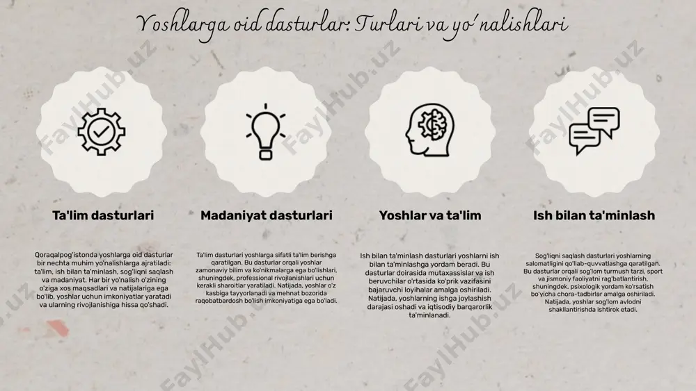 bai sifatida muhim. ularning faol ishtiroki jamiyatning rivojlanishini ta'minlaydi va ijtimoiy muammolarni hal qilishda yordam beradi. yoshlar siyosati, shuningdek, jamiyatdagi barqarorlikni oshirishda va ijtimoiy muammolarni hal qilishda muhim ahamiyatga ega. yoshlarning fikrlari va ishtiroki, jamiyatda ijtimoiy barqarorlikni ta'minlaydi. yoshlar va jamiyatga ta'siri fikrlar iqtiboslar yoshlar uchun imkoniyatlar qoraqalpog'iston yoshlari uchun davlat tomonidan taqdim etilayotgan imkoniyatlar, ta'lim, sport va madaniyat sohalarida o'z faoliyatlarini rivojlantirishga yordam beradi. yoshlar uchun kasb-hunar o'rganish va ijodkorlikni rivojlantirish imkoniyatlari mavjud, bu esa ularning kelajakdagi muvaffaqiyatlari uchun muhimdir. imkoniyatlar va dasturlar ta'rifi muvaffaqiyatli yoshlar dasturlaridan biri - "yoshlar daftari" bo'lib, ijtimoiy himoyaga muhtoj bo'lgan yoshlarni aniqlashga yordam beradi. shuningdek, "yoshlar innovatsiya markazi" yoshlarning kreativ g'oyalarini rivojlantirishda muhim rol o'ynaydi, bu orqali ular o'z loyihalarini amalga oshirishi mumkin. muvaffaqiyatli dasturlarning misollari yoshlar siyosatining istiqbollari yoshlar siyosati - kelajakka mo'ljallangan dasturlar. yoshlar siyosatining istiqbollari, mamlakatning ijtimoiy va iqtisodiy rivojlanishi uchun muhim ahamiyatga ega. yoshlar uchun ta'lim, ish joylari va …