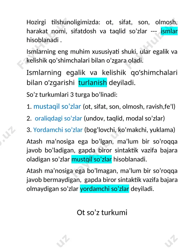 a’nosi, ya’ni morfologik vazifasi hisoblanadi. --lar qo’shimchasi ko’plikdan boshqa ma’noni ifodalashi, bu uning uslubiy vazifasi sanaladi. bu qo’shimcha uslubiy vazifa bajarayotganda so’zning birlik mma’nosi o’zgarmaydi. bu vaqtda – hurmat, kinoya-piching, ta’sirchanlikni oshirish, tasviriylikni oshirish, umumlashtirish, taxminlash kabi ma’nolarda qo’llanishi mumkin. masalan: 1. ko’zlarimga ishonmayman(‘’ o’tkan kunlar’’) --- bu yerdagi -lar qo’shimchasi ta’sirchanlikni oshirish va ifodalilik ma’nosini bildirgan. 2. bolalarning shovqinidan boshlarim og’rib ketdi. bu gapni : bolalarning shovqinidan boshim og’rib ketdi—desak ham bo’ladi. chunki bu yerda bir kishining boshi haqida gap ketmoqda. birinvhi misolimizdagi -lar qo’shimchasi bosh so’zining ma’nosini kuchaytirish, ta’kidlash uchun qo’llangan. 3. dadamlar keldilar( hurmat) 4. yigitcha ‘’botir’’ bo’lib keldilar( kinoya) 5. alpomishlar maydonga chiqdi(umumlashtirish) 6. bolalar quvonchlarga to’ldi( kuchaytirish) donalab sanalmaydigan narsa va hodisalarni bildiruvchi otlar birlik shaklda kelsa ham, aslida jamlikni bildiradi. masalan: ko’chaga qum to’kilgan; yoki, ariq to’la suv… bunday so’zlarga ko’plik shakli qo’shilganda narsa va hodisaning xilma-xil ekanligini bildiradi. masalan: suvlar( gazli suv, gazsiz …