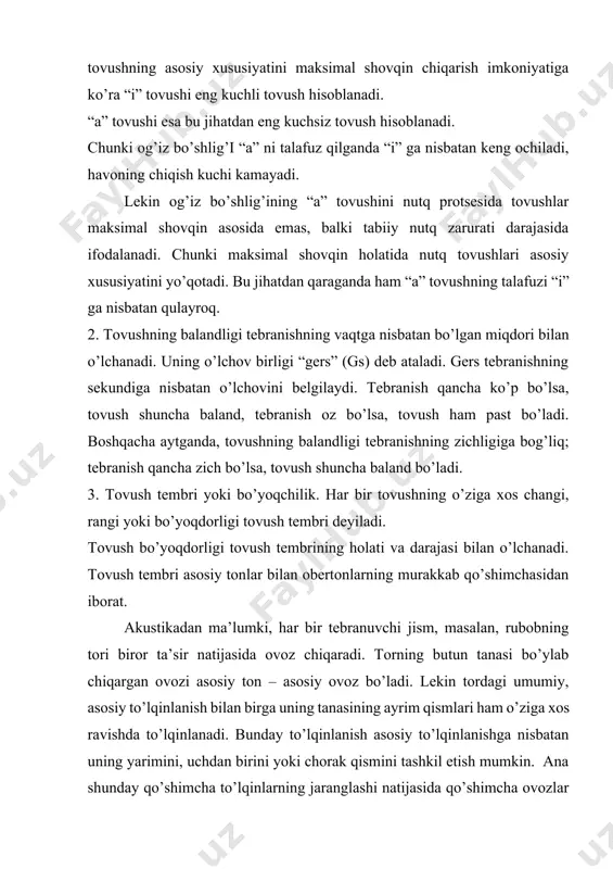 idan “tembri” orqali farq qilinadi. nutq tovushlarini hosil qilishda akustik jihat bilan ham bir qatorda fiziologik jihat ham, ya’ni nutq organlari ham muhim rol o’ynaydi. biroq bi ikki tomon ham nutq tovushlarining to’liq qiymatini yarata olmaydi. ularning to’liq qiymati nutq tovushlarining ma’no ajratish xususiyati tufayli, ya’ni sotsial qiymati tufayli yuzaga kelgan. tovushning miqdor belgisi deyilganda odatda tovushning cho’ziqligi nazarda tutuladi. tovushning cho’ziqligi uning talafuz qilinishicha ko’p vaqt ketgan tovushlar cho’ziq tovushlar deb ataladi. lekin nutq tovushlari uchun absolyut cho’ziqligining qimmati yo’q. chunki nutq tovushlarining qimmati o’zining tabiiy ( nisbatan cho’ziq, nisbatan qisqa ) vaqti bilan belgilanadi. lekin “miqdor belgisi” degan iboraning nutq tovushining unutmaslik kerak. chunki ayrim tillarda, kam bo’lsada, ma’no ajratish uchun xizmat qiluvchi cho’ziqlik ham uchraydi. bu esa nutq tovushning sifat belgisi demakdir. tovushning cho’ziqligi odatda ikkiga bo’linadi: 1) birlamchi cho’ziq yoki fanologik cho’ziqlik. bunday cho’ziqlik o’ziga hos bo’lgan tilning tabiatiga nisbatan birlamchi hodisa bo’lib hisoblanadi va u …