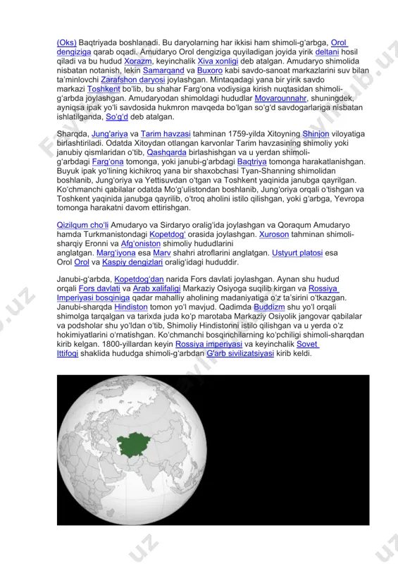 ik toxariston deb atalgan baqtriya joylashgan boʻlib, bu hudud janubda hindukush togʻlari bilan chegaralangan. sirdaryo (yaksart) fargʻona vodiysida boshlansa, amudaryo (oks) baqtriyada boshlanadi. bu daryolarning har ikkisi ham shimoli-gʻarbga, orol dengiziga qarab oqadi. amudaryo orol dengiziga quyiladigan joyida yirik deltani hosil qiladi va bu hudud xorazm, keyinchalik xiva xonligi deb atalgan. amudaryo shimolida nisbatan notanish, lekin samarqand va buxoro kabi savdo-sanoat markazlarini suv bilan taʼminlovchi zarafshon daryosi joylashgan. mintaqadagi yana bir yirik savdo markazi toshkent boʻlib, bu shahar fargʻona vodiysiga kirish nuqtasidan shimoli-gʻarbda joylashgan. amudaryodan shimoldagi hududlar movarounnahr, shuningdek, ayniqsa ipak yoʻli savdosida hukmron mavqeda boʻlgan soʻgʻd savdogarlariga nisbatan ishlatilganda, soʻgʻd deb atalgan. sharqda, jung'ariya va tarim havzasi tahminan 1759-yilda xitoyning shinjon viloyatiga birlashtiriladi. odatda xitoydan otlangan karvonlar tarim havzasining shimoliy yoki janubiy qismlaridan oʻtib, qashqarda birlashishgan va u yerdan shimoli-gʻarbdagi fargʻona tomonga, yoki janubi-gʻarbdagi baqtriya tomonga harakatlanishgan. buyuk ipak yoʻlining kichikroq yana bir shaxobchasi tyan-shanning shimolidan boshlanib, jungʻoriya va …