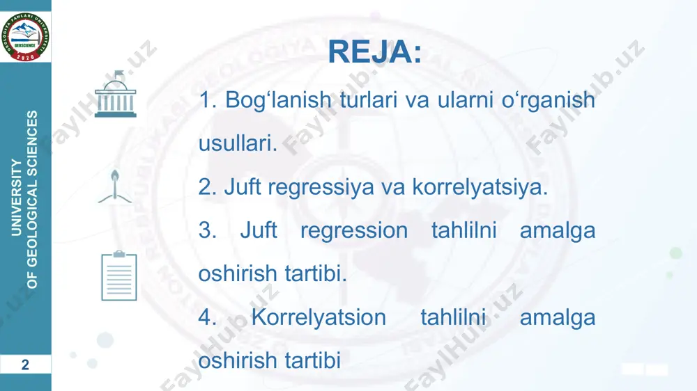 eological sciences to‘g‘ri teskari to‘g‘ri chiziqli egri chiziqli ko‘p omilli bir omilli •bog‘lanish turlari •harakat yo‘nalishi bo‘yicha •analitik ifodalanishi bo‘yicha •omillar soni bo‘yicha 7 university of geological sciences bog‘lanish mavjudligini o‘rganish usullari balans usuli; grafik usuli; paralel qatorlarni tuzish va taqqoslash; korrelyatsion-regression tahlil 8 university of geological sciences korrelyatsion-regression tahlil vazifalari omil va natijaviy belgilar o‘rtasidagi bog‘lanish zichligini o‘lchash. bu vazifa korrelyatsion nisbat, korrelyatsion nisbat ko‘rsatkichlarini hisoblash yo‘li bilan hal etiladi. omil belgi miqdori bilan natijaviy belgining o‘rtacha miqdori o‘rtasidagi bog‘liqni ifodalovchi regressiya tenglamasi parametrlarini baholash. bu vazifa regressiya tenglamasi parametrlarini hisoblash orqali hal etiladi. 3. natijaviy belgiga taʼsir etuvchi muhim omillarni aniqlash. bu vazifa natijaga omil belgilarining bog‘lanish zichligini baholash yo‘li bilan hal etiladi. 4. keltirilgan omil belgilar miqdorlarida natijaviy belgi miqdorlarining imkoniy miqdorlarini bashoratlashni amalga oshirish. bu vazifa regressiya tenglamasida omillarning kutilgan miqdorlarini keltirish va natijalarning prognoz miqdorlarini hisoblash yo‘li bilan bajariladi. 9 university of geological sciences 10 …