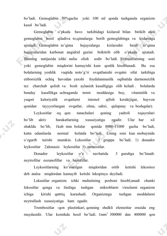 an moddalarni neytrallash xususiyatiga ham egadir. trombositlar -qon plastinkari, qonning shalkli elemenlar orasida eng maydasidir. ular komikda hosil bo’ladi. 1mm3 300000 dan 400000 qon plastinkalari bo’ladi uning soni ham yoshga qarab o’zga boradi. trabbasitlar qonning ivishida muhim rol o’ynaydi. qon ivishi organizm uchun biologik ahamiyatga ega bo’lib jarohatlanganda qon yo’qotishdan saqlanadi. immunitet- organizmning turli yuqumli va yuqumsiz kasalliklarga chalinmasligi. bunday hodisani 200 yil muqaddam angliyada provintiyalik jenner birinchi bo’lib kuzatgan. u chechak kasalligiga qarshi kurash chorasini topib tonni ismli bolada tajriba o’tkazgan. jenner har bir kasallik tarqatuvchi mikroblar qonga tushganda shu mikroblarga qarshi qon plazmasida antitelolar hosil bo’lishini aniqlagan. immunitet tug’ma va ortirilgan, aktiv, passiv bo’lishi mumkin. odatda odam yuqumli kasallik bilan og’rib o’tgandan keyin organizmda tabbiy immunitet paydo bo’ladi. tirik organizm nafas olish jarayoni tufayli, atrof muhitdan kislorodni olib, karbonat angidrit gaz va suvi parlarini tashqariga chiqarib turadi. odam organizmida sodir bo’ladigan oksidanish jarayonlarining asosiy qismi kislorod ishtirokida yuzaga …