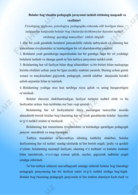 giyenik tadbirlar orqali amalga oshiriladi. ta‟lim-tarbiya ishlarini muvaffaqiyatli amalga oshirish bolalar bog„chasidagi pedagogik jarayonning har bir faoliyat turini to„g„ri tashkil etishga bog„liqdir. bolalar bog„chasining pedagogik jarayonida ta‟lim muhim ahamiyat kasb etadi va kundalik hayot, o„yin, mehnat, mashg„ulotlar orqali amalga oshiriladi. mashg„ulotda ta‟lim va tarbiya vazifalari hal etiladi. bolalar tevarak-atrofdagi hayot va tabiat bilan tanishish, nutq o„stirish, savod o„rgatish, matematika, jismoniy madaniyat, tasviriy faoliyat, musiqa bo„yicha eng oddiy tasavvur va bilimlarni, malaka hamda ko„nikma sistemasini egallab oladilar. bolalar egallab olishlari kerak bo„lgan bilim, malaka va ko„nikmalar bolalar bog„chasi dasturida belgilab berilgan bo„lib, u bolalarning umumiy rivojlanishi va ularni maktab ta‟limiga tayyorlashda muhim ahamiyatga ega. mashg„ulotlarda ta‟lim berish didaktika tamoyillari asosida bolalarning yosh va o„ziga xos xususiyatlarini e‟tiborga olib, ma‟lum izchillikda olib boriladi, mazmuni sekin-asta murakkablashtirib boriladi. natijada, u rivojlantiruvchi va tarbiyalovchi xususiyatga ega bo„ladi. dasturda har bir yosh guruhida hafta davomida o„tkaziladigan mashg„ulotlar soni va har bir mashg„ulot qancha davom etishi …