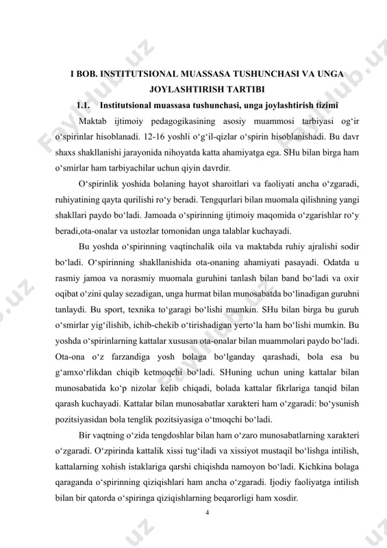 uhni tanlaydi. bu sport, texnika to‘garagi bo‘lishi mumkin. shu bilan birga bu guruh o‘smirlar yig‘ilishib, ichib-chekib o‘tirishadigan yerto‘la ham bo‘lishi mumkin. bu yoshda o‘spirinlarning kattalar xususan ota-onalar bilan muammolari paydo bo‘ladi. ota-ona o‘z farzandiga yosh bolaga bo‘lganday qarashadi, bola esa bu g‘amxo‘rlikdan chiqib ketmoqchi bo‘ladi. shuning uchun uning kattalar bilan munosabatida ko‘p nizolar kelib chiqadi, bolada kattalar fikrlariga tanqid bilan qarash kuchayadi. kattalar bilan munosabatlar xarakteri ham o‘zgaradi: bo‘ysunish pozitsiyasidan bola tenglik pozitsiyasiga o‘tmoqchi bo‘ladi. bir vaqtning o‘zida tengdoshlar bilan ham o‘zaro munosabatlarning xarakteri o‘zgaradi. o‘zpirinda kattalik xissi tug‘iladi va xissiyot mustaqil bo‘lishga intilish, kattalarning xohish istaklariga qarshi chiqishda namoyon bo‘ladi. kichkina bolaga qaraganda o‘spirinning qiziqishlari ham ancha o‘zgaradi. ijodiy faoliyatga intilish bilan bir qatorda o‘spiringa qiziqishlarning beqarorligi ham xosdir. har qanday davlatning ijtimoiy siyosatining ajralmas qismi bu yetimlik muammosini hal qilishdir. bola huquqlari to‘g‘risidagi konvensiya qabul qilingandan so‘ng, birinchi navbatda, muammoning dastlabki bosqichida yordam ko‘rsatish va yordam olish uchun …